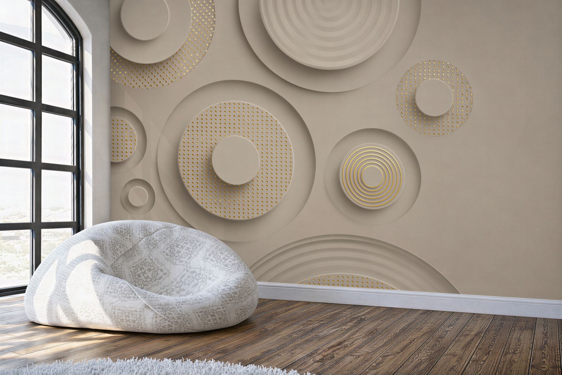 Fototapeta geometryczne koła 3D beżowe ze złotymi detalami?v23