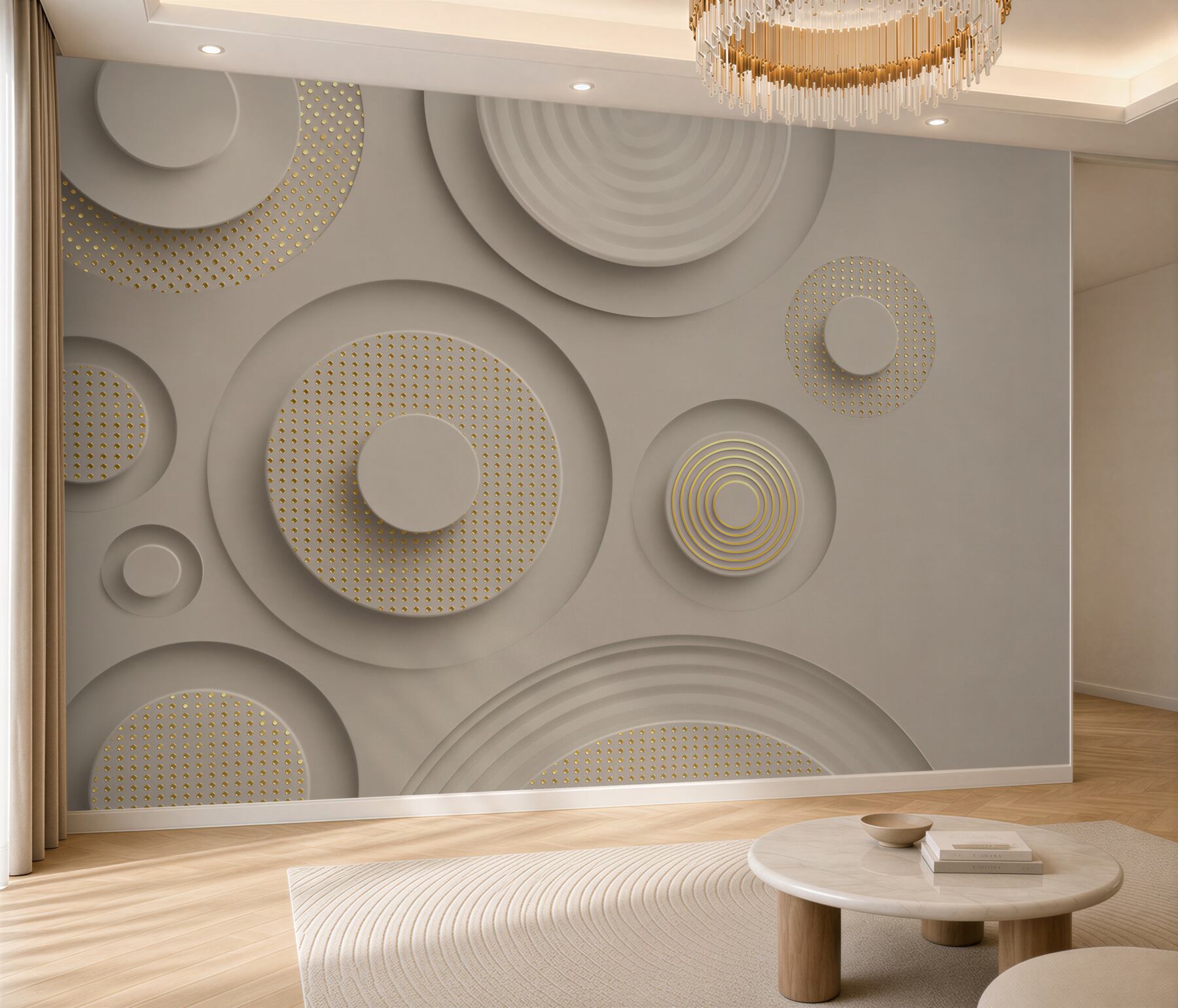 Fototapeta geometryczne koła 3D beżowe ze złotymi detalami?v23