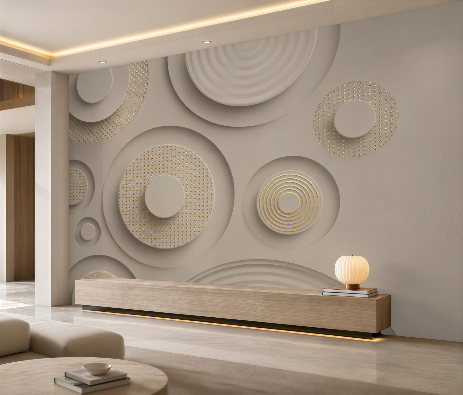 Fototapeta geometryczne koła 3D beżowe ze złotymi detalami