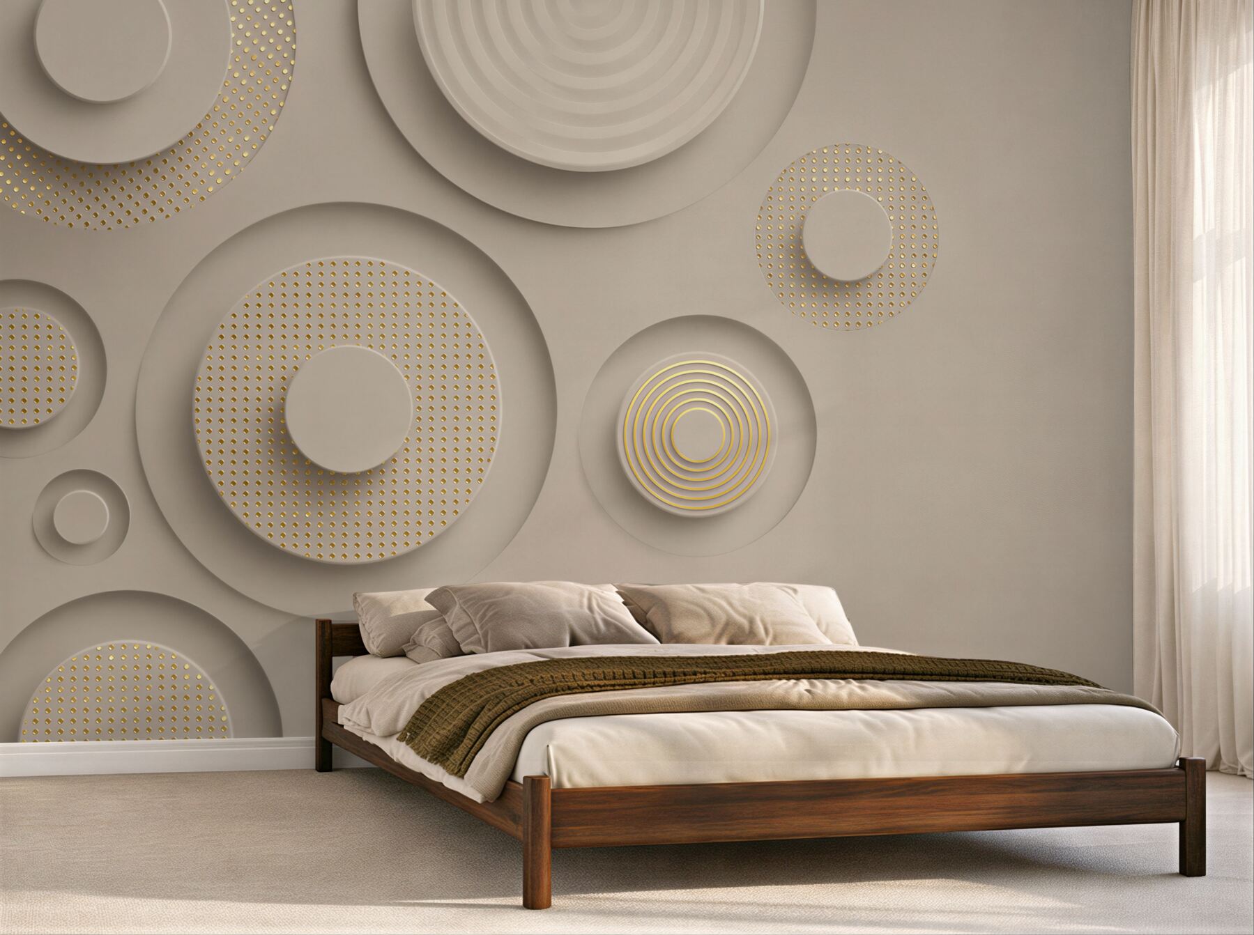 Fototapeta geometryczne koła 3D beżowe ze złotymi detalami?v23