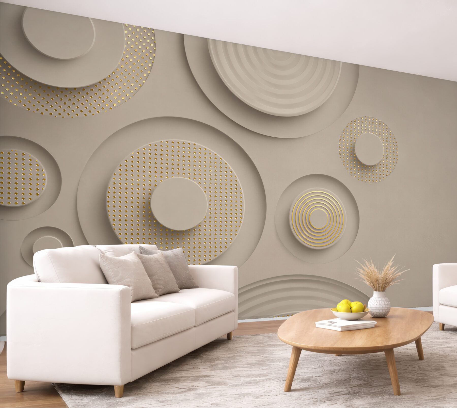 Fototapeta geometryczne koła 3D beżowe ze złotymi detalami?v23