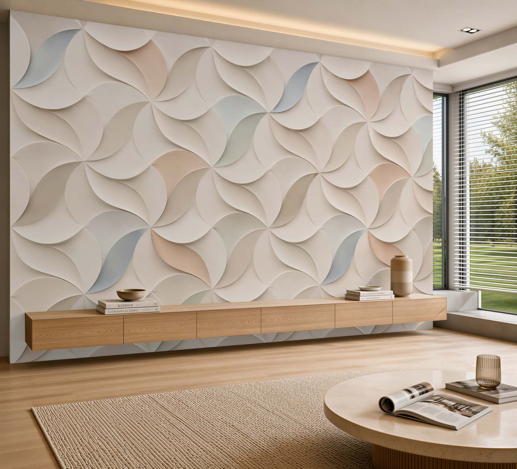 Fototapeta geometryczne fale 3D beżowe abstrakcyjne do eleganckiego wnętrza?v23
