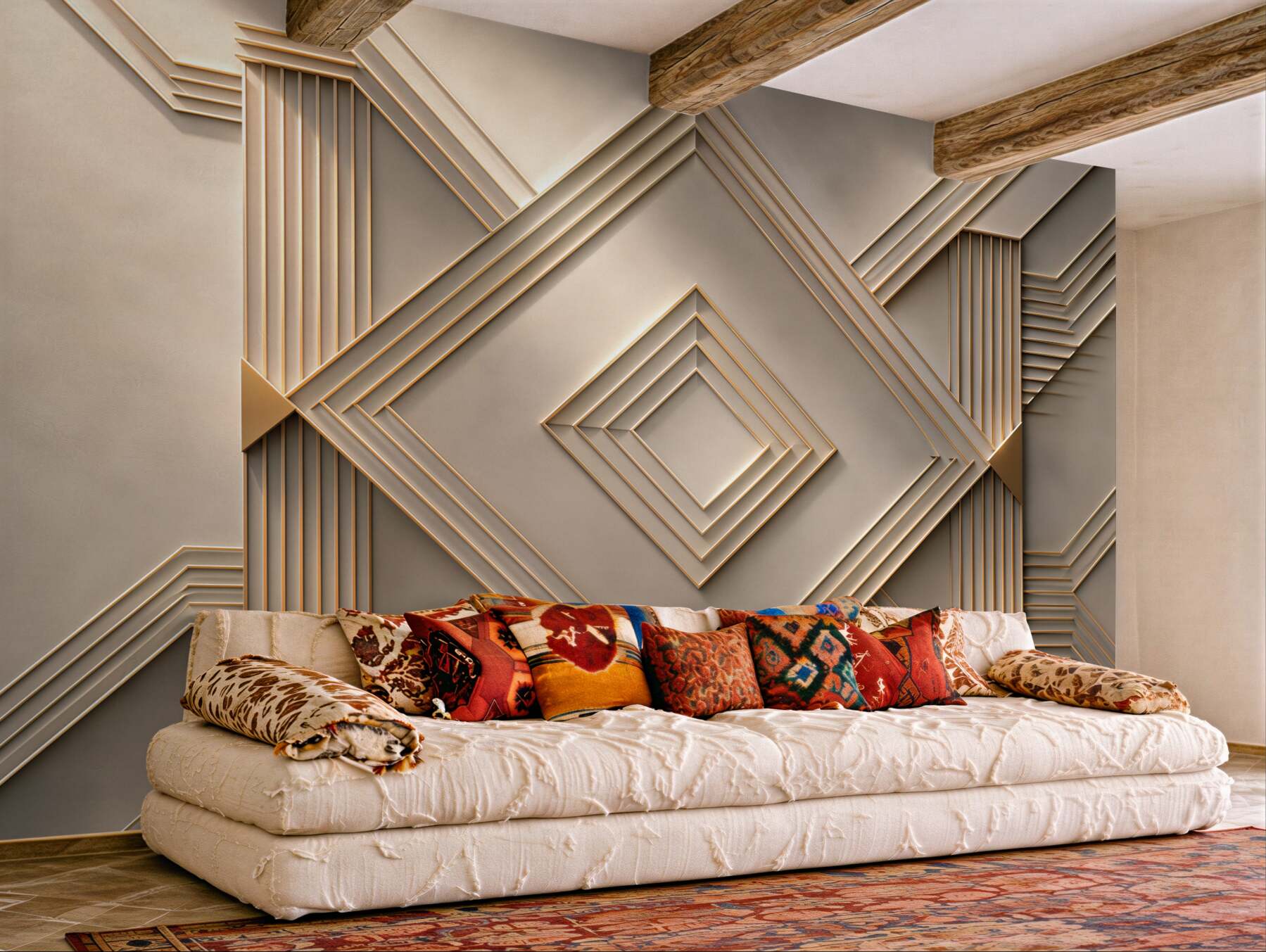 Fototapeta geometryczne linie art deco beżowo złote eleganckie