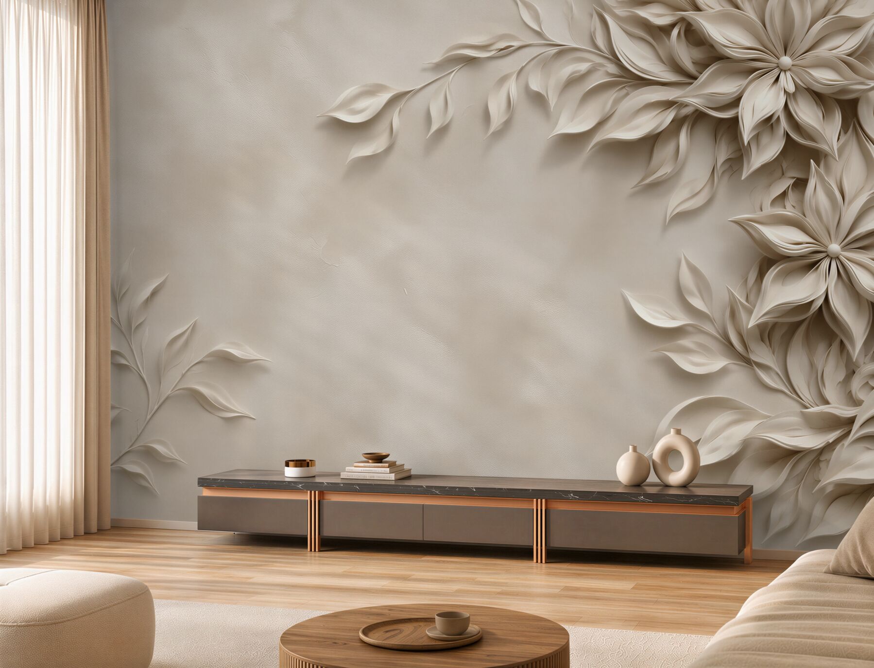 Fototapeta kremowe kwiaty 3D eleganckie na jasnym tle do salonu