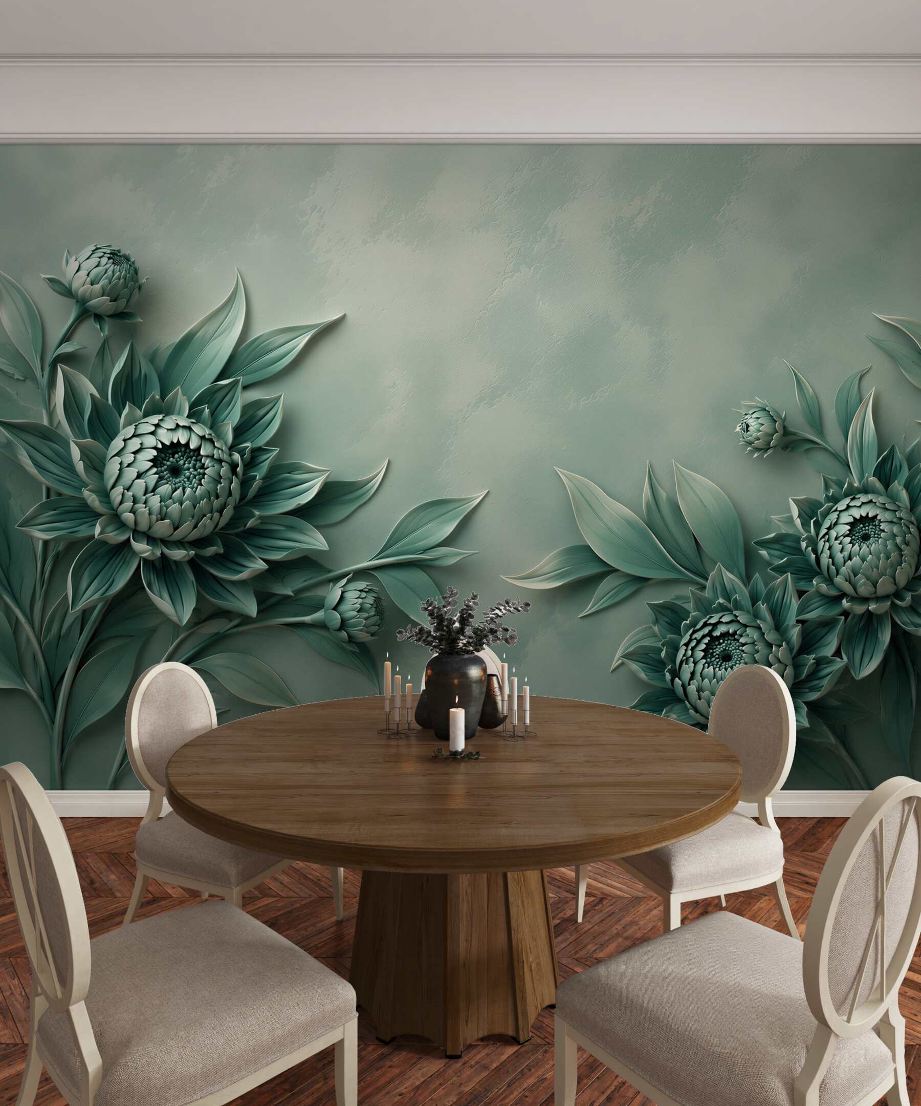 Fototapeta turkusowe kwiaty 3D eleganckie na pastelowym tle?v23