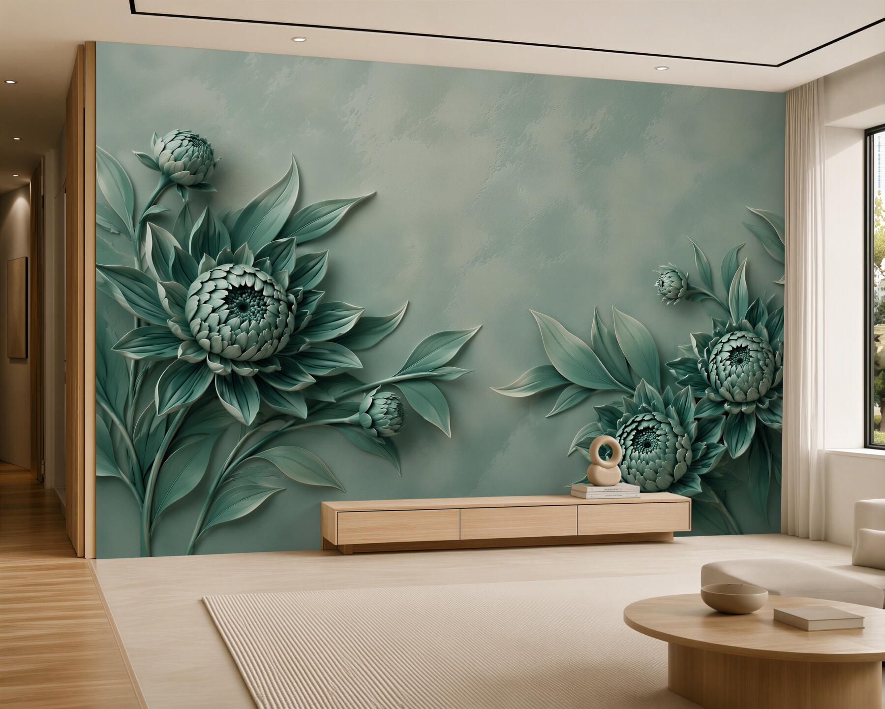 Fototapeta turkusowe kwiaty 3D eleganckie na pastelowym tle?v23