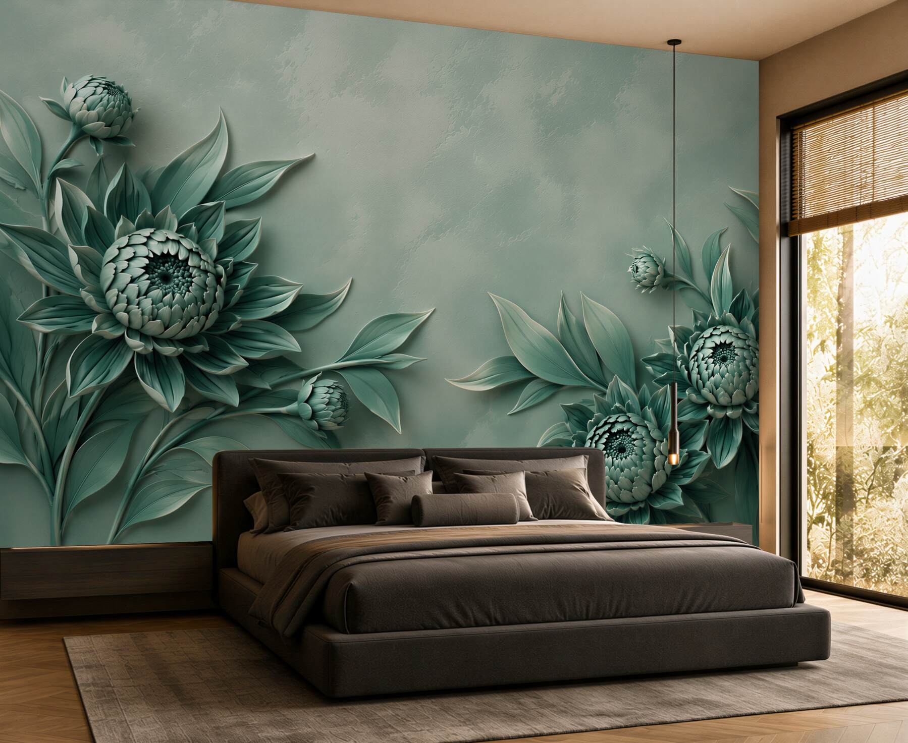 Fototapeta turkusowe kwiaty 3D eleganckie na pastelowym tle?v23