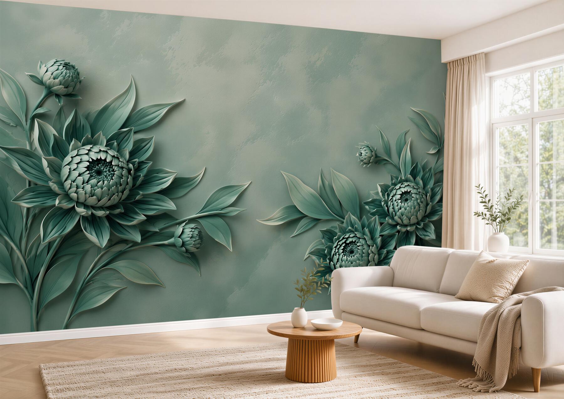 Fototapeta turkusowe kwiaty 3D eleganckie na pastelowym tle?v23