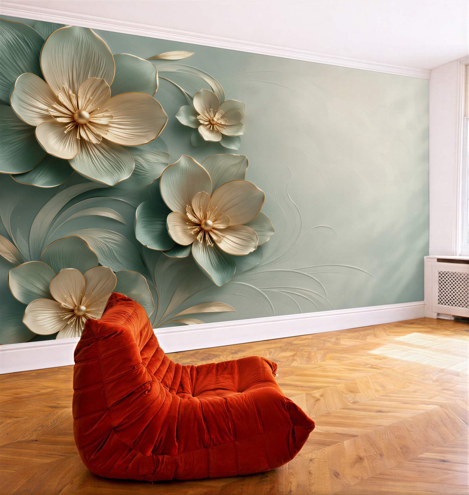 Fototapeta złote kwiaty 3D na szałwiowym tle elegancka do salonu?v23