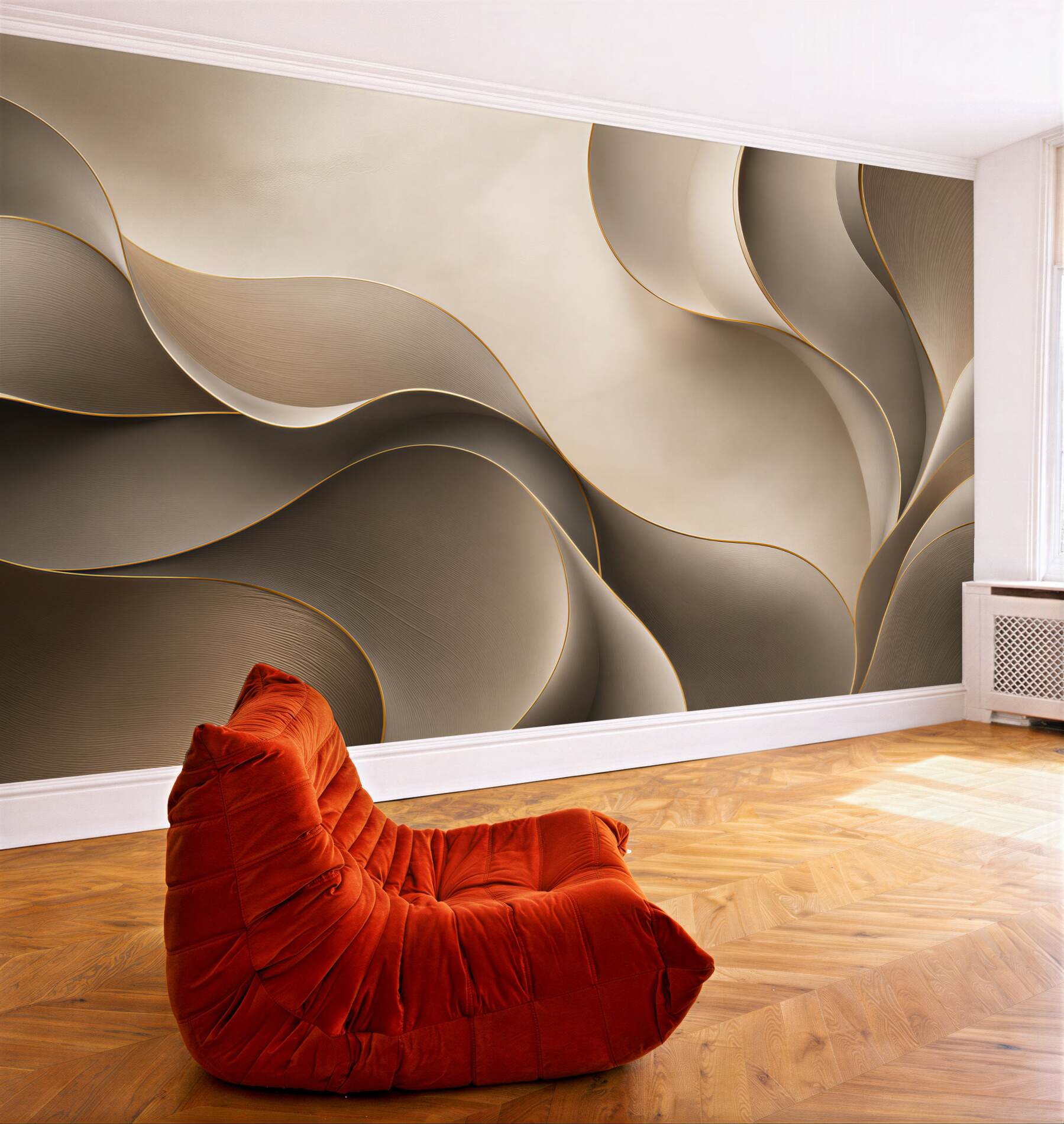 Fototapeta abstrakcyjne fale beżowe ze złotą linią elegancka?v23
