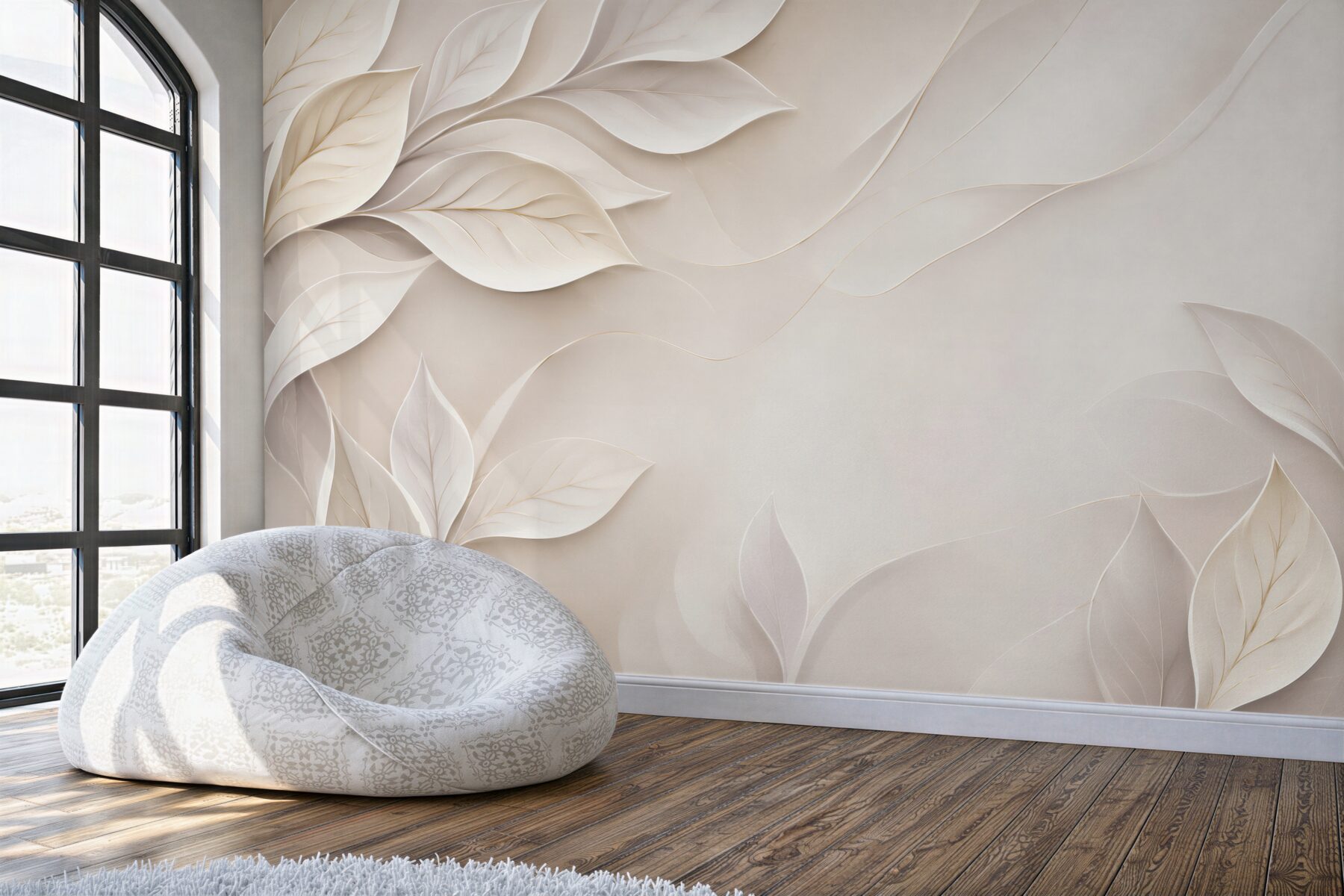 Fototapeta białe liście 3D na beżowym tle elegancka?v23