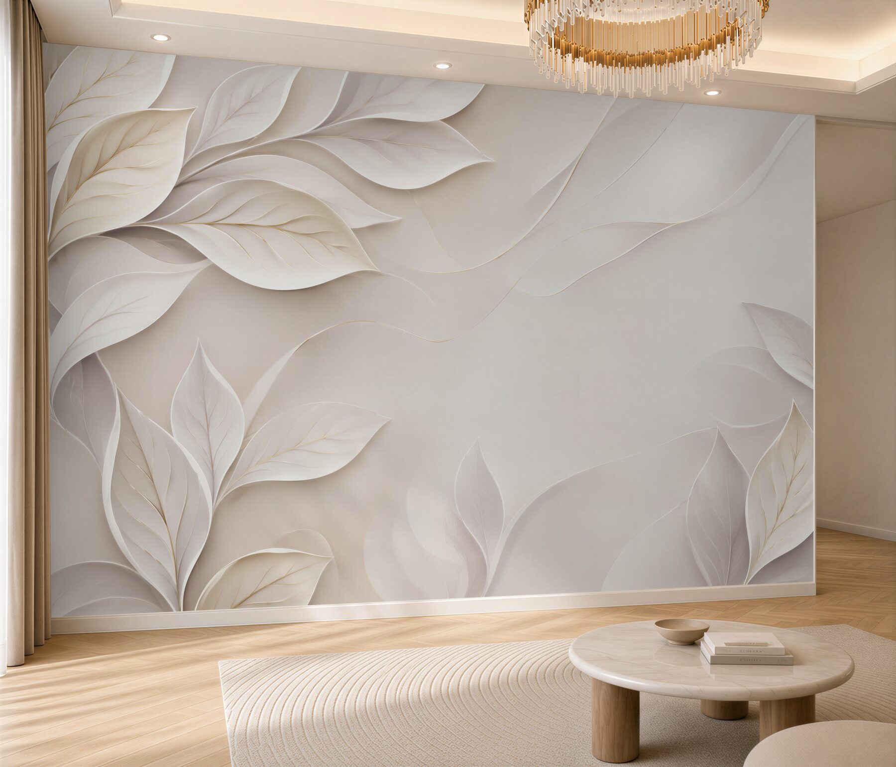 Fototapeta białe liście 3D na beżowym tle elegancka?v23
