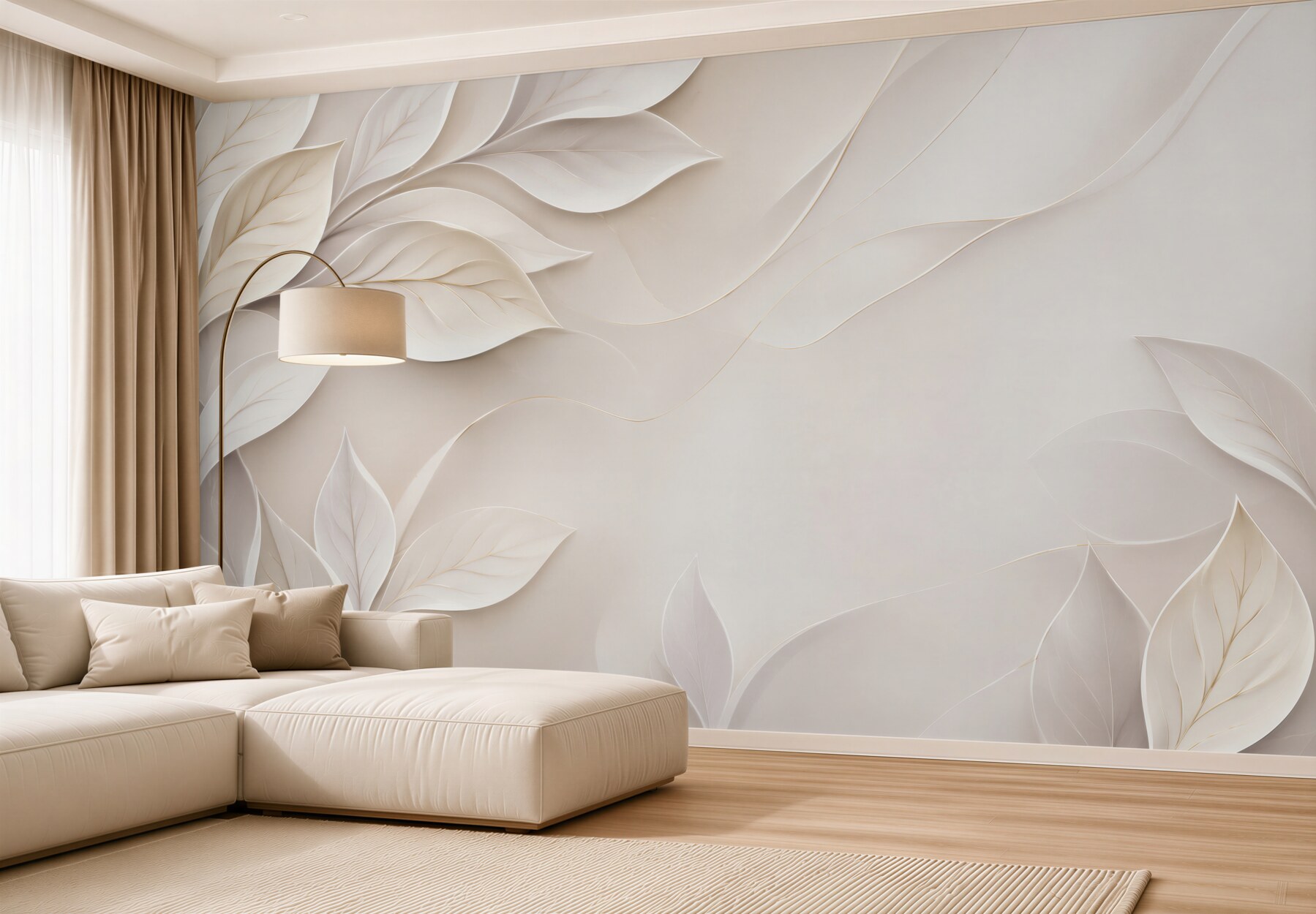 Fototapeta białe liście 3D na beżowym tle elegancka?v23