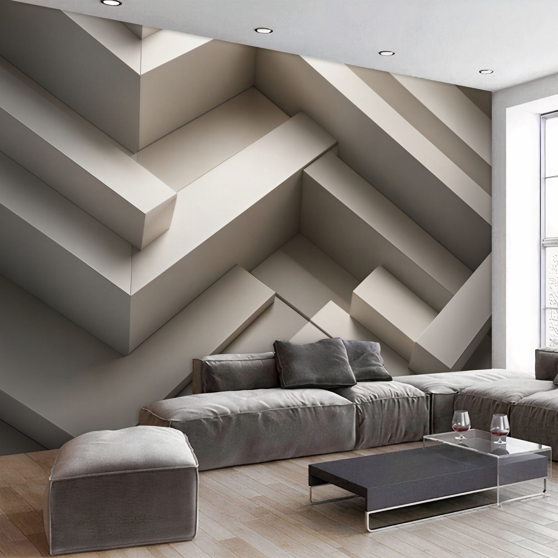 Fototapeta przestrzenne schody geometryczne beżowe nowoczesne 3D?v23