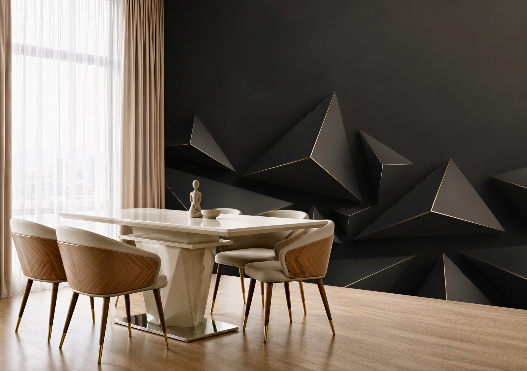 Fototapeta czarne piramidy 3D geometryczne z subtelną złotą linią?v23