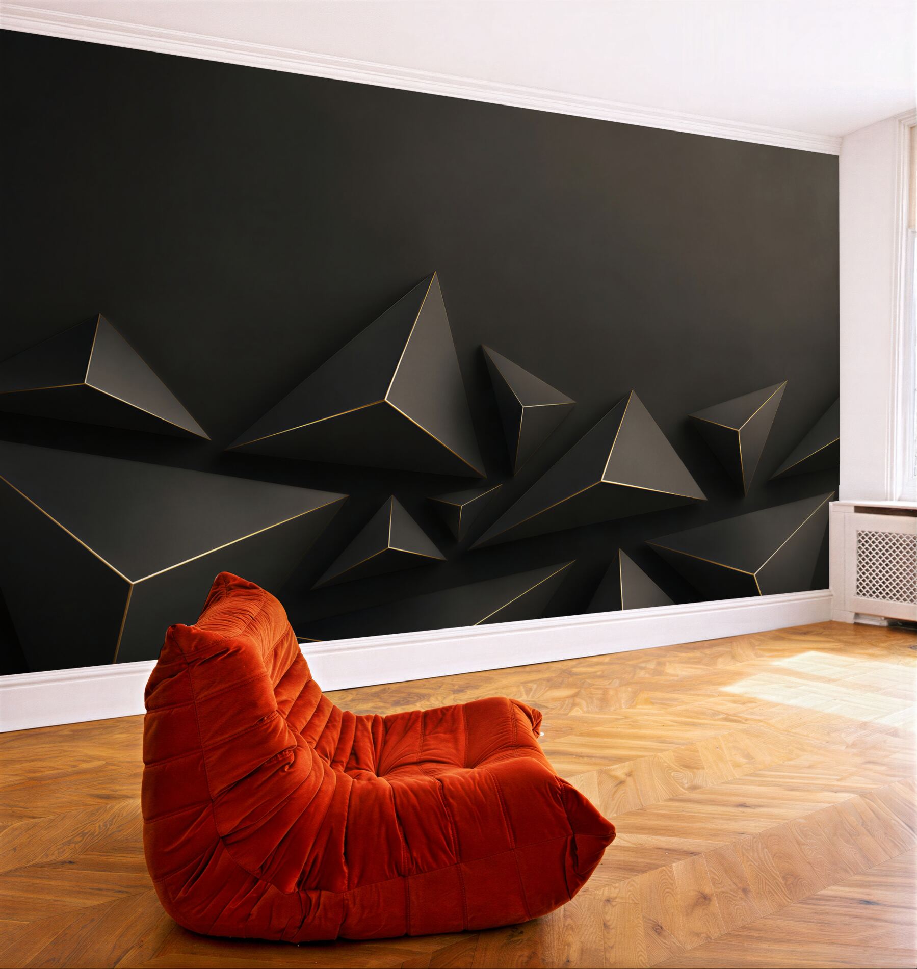 Fototapeta czarne piramidy 3D geometryczne z subtelną złotą linią?v23