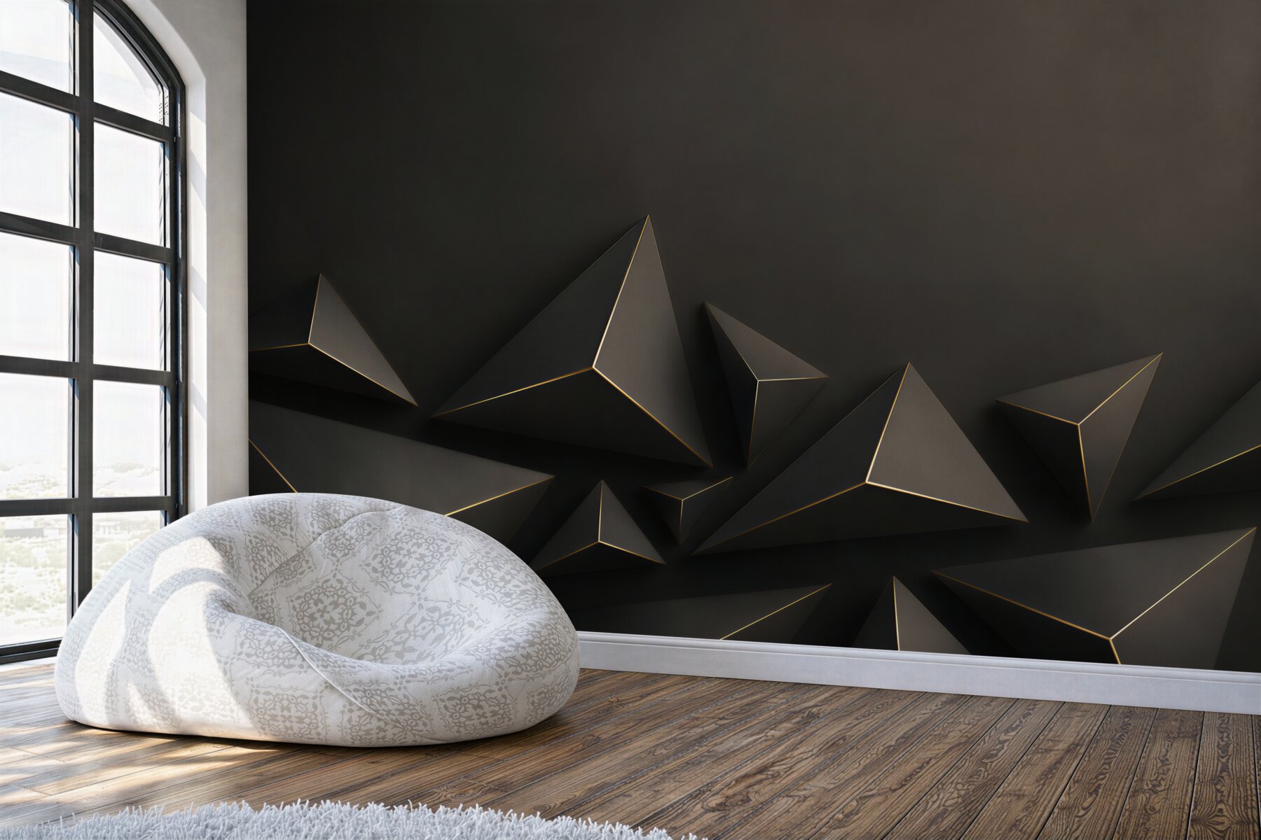 Fototapeta czarne piramidy 3D geometryczne z subtelną złotą linią?v23