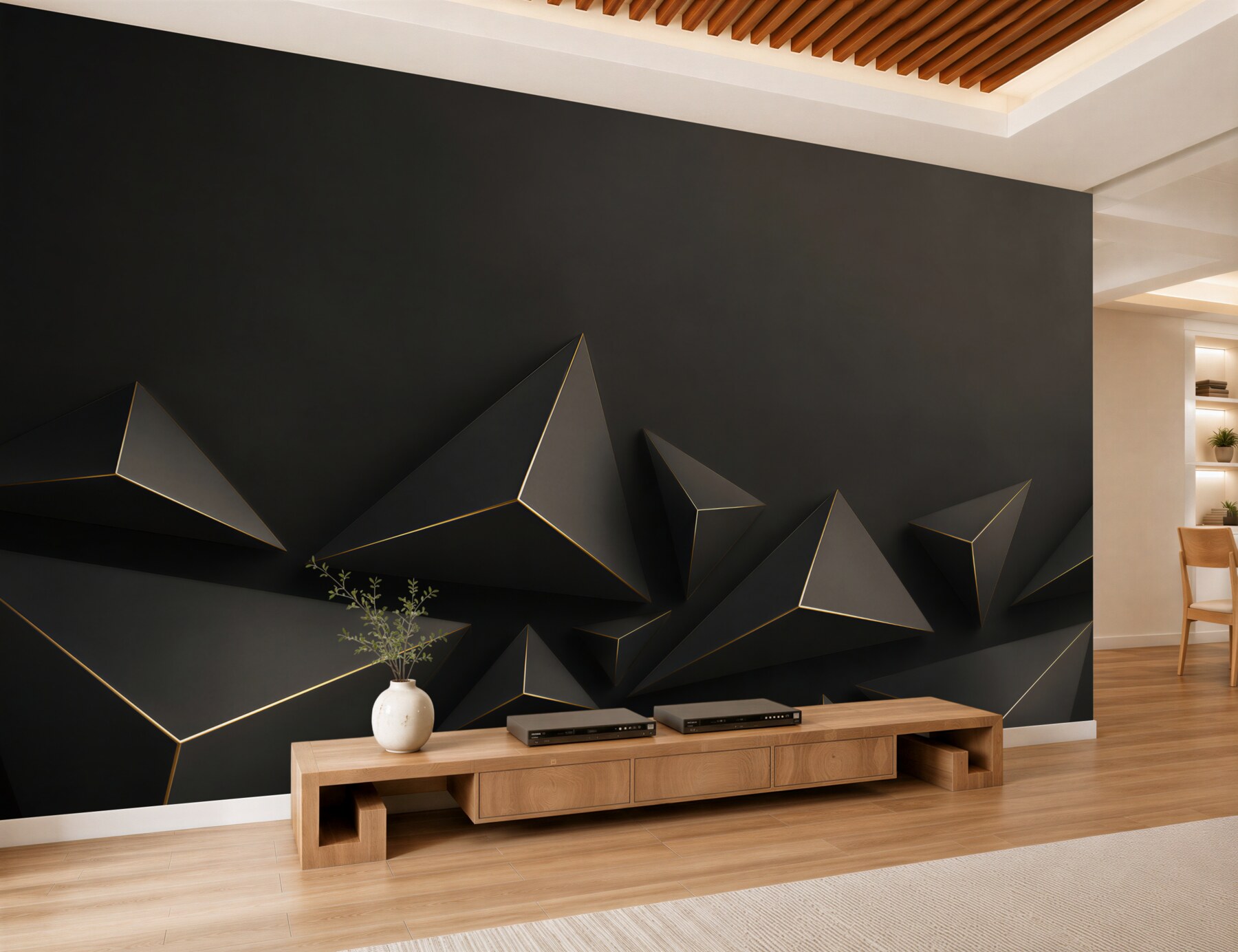 Fototapeta czarne piramidy 3D geometryczne z subtelną złotą linią?v23