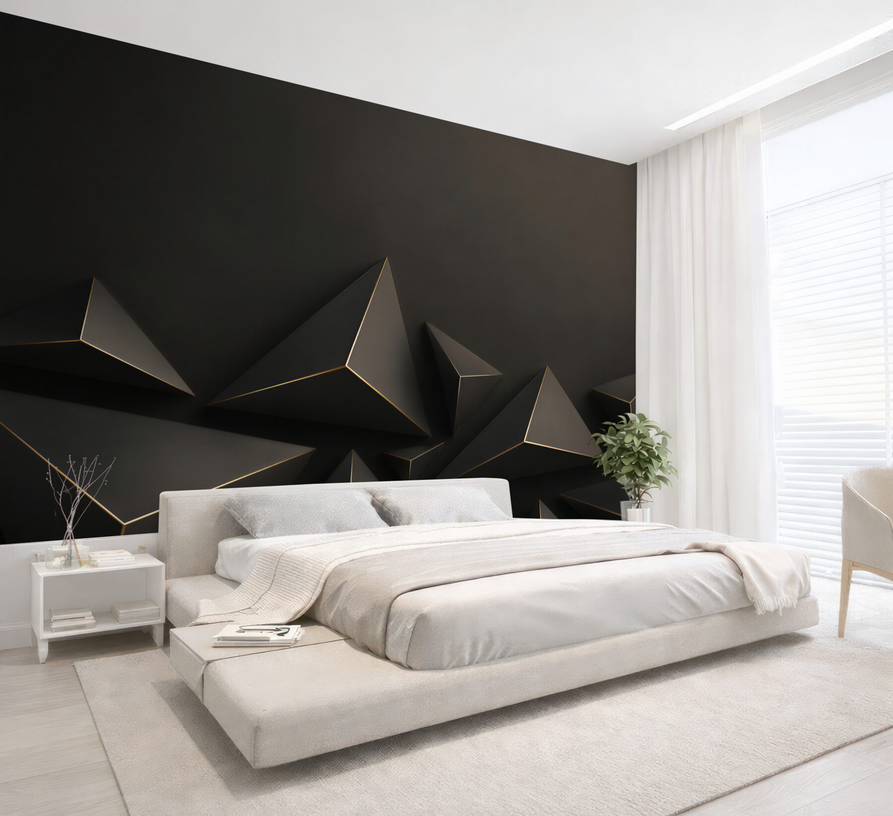 Fototapeta czarne piramidy 3D geometryczne z subtelną złotą linią?v23