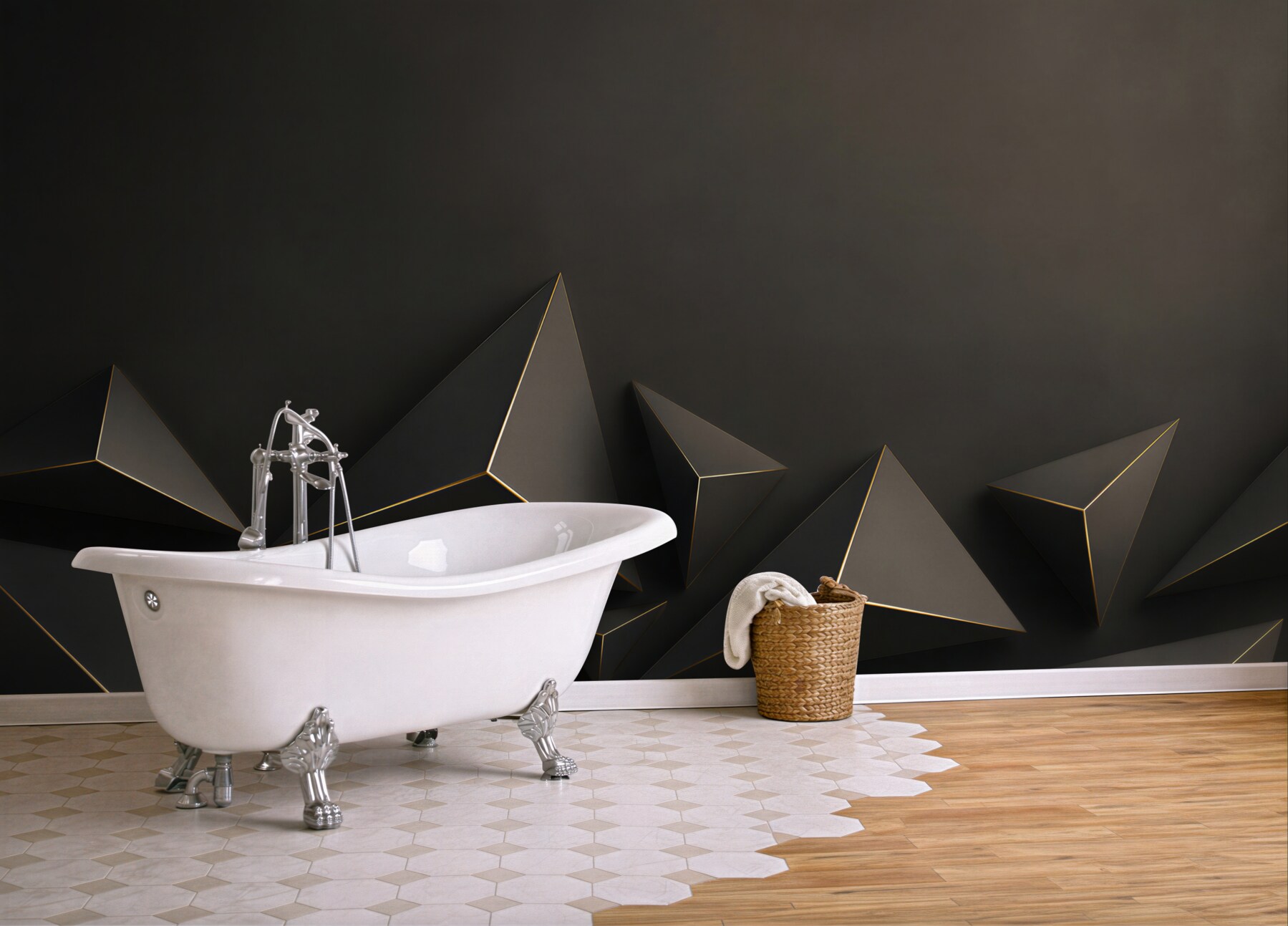 Fototapeta czarne piramidy 3D geometryczne z subtelną złotą linią?v23