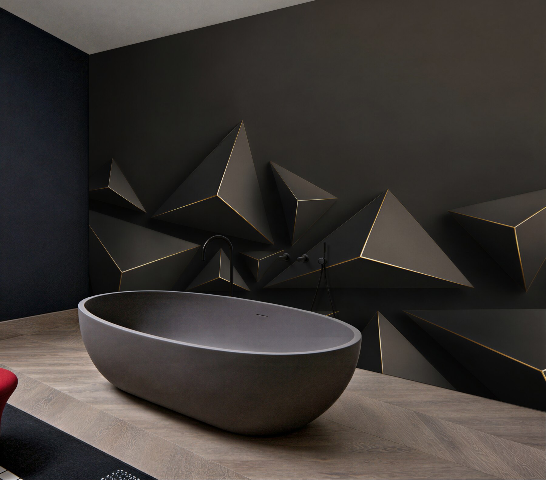 Fototapeta czarne piramidy 3D geometryczne z subtelną złotą linią?v23