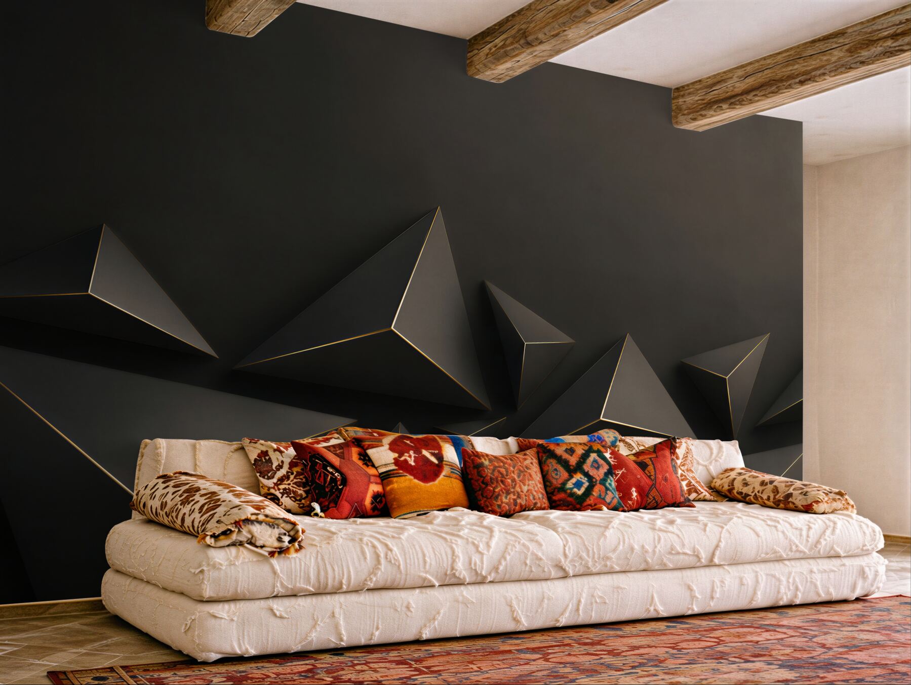 Fototapeta czarne piramidy 3D geometryczne z subtelną złotą linią?v23