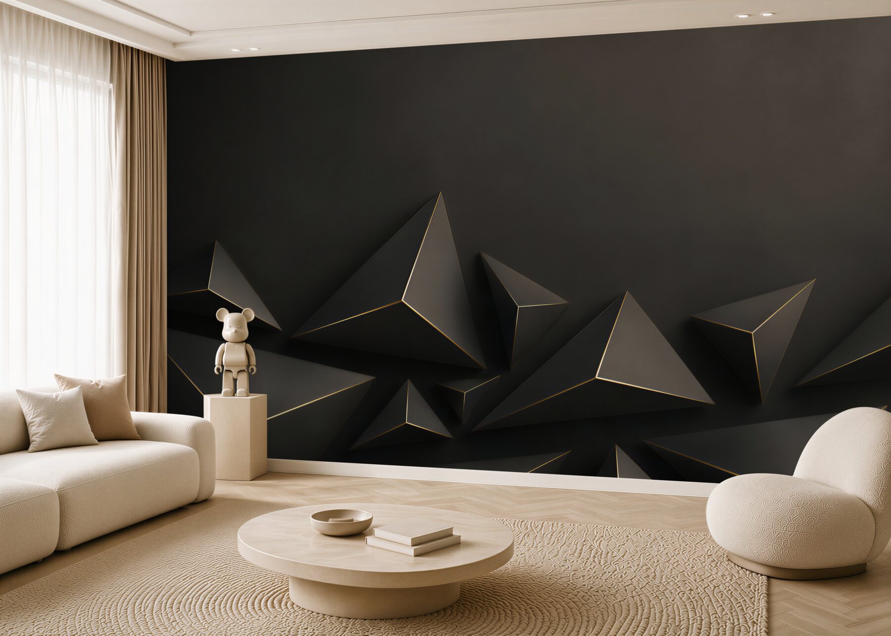 Fototapeta czarne piramidy 3D geometryczne z subtelną złotą linią?v23