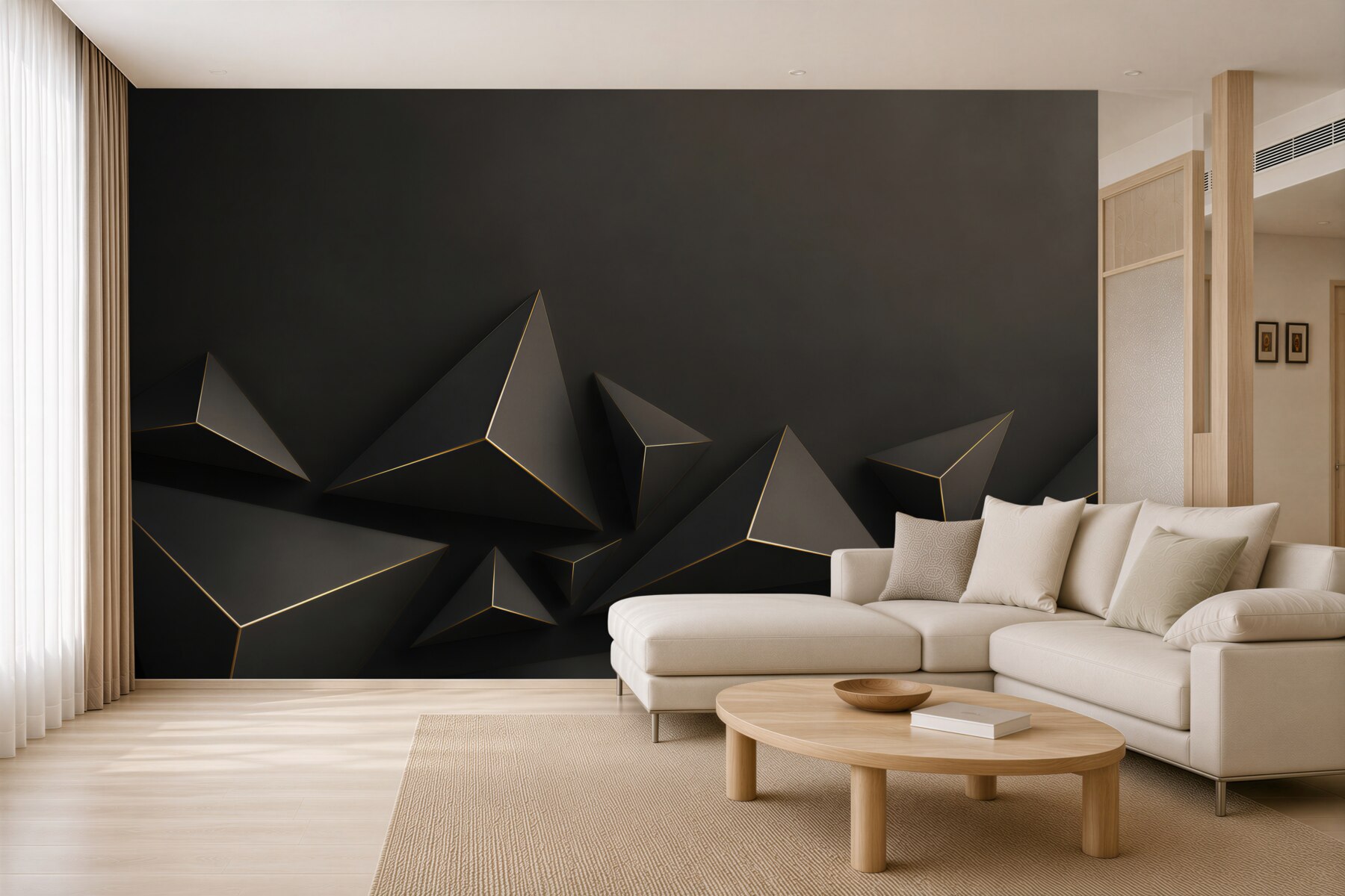 Fototapeta czarne piramidy 3D geometryczne z subtelną złotą linią?v23