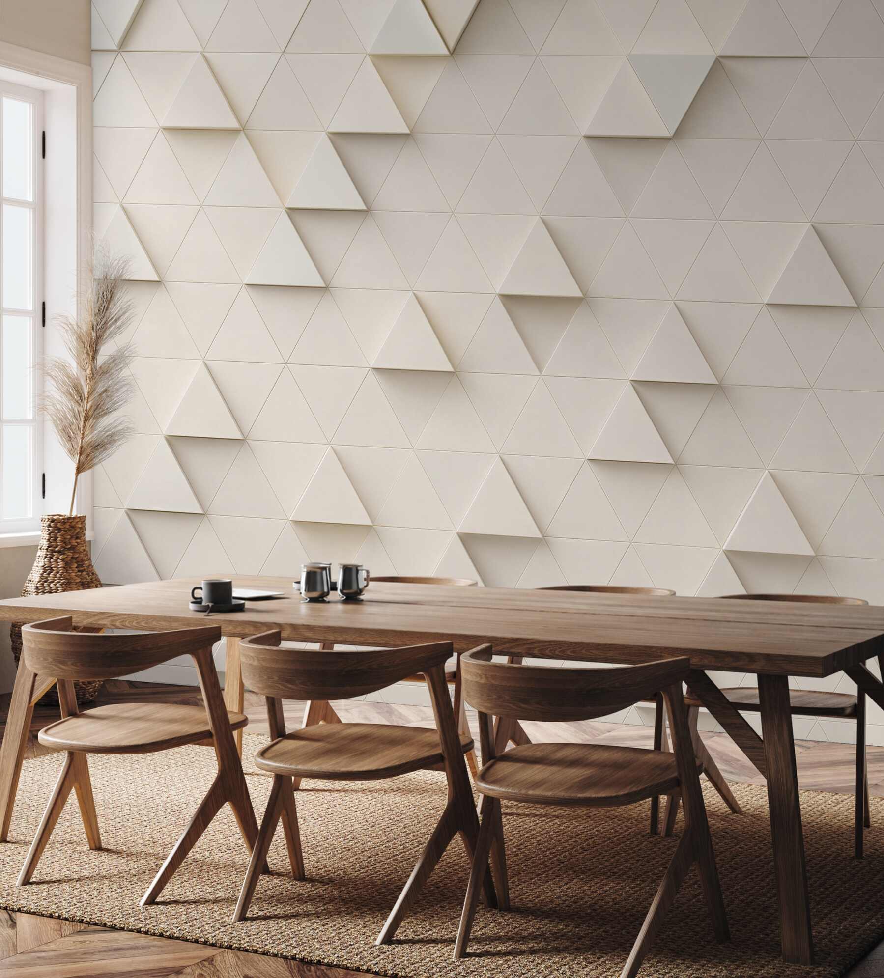 Fototapeta białe trójkąty 3D minimalistyczna geometria do salonu?v23