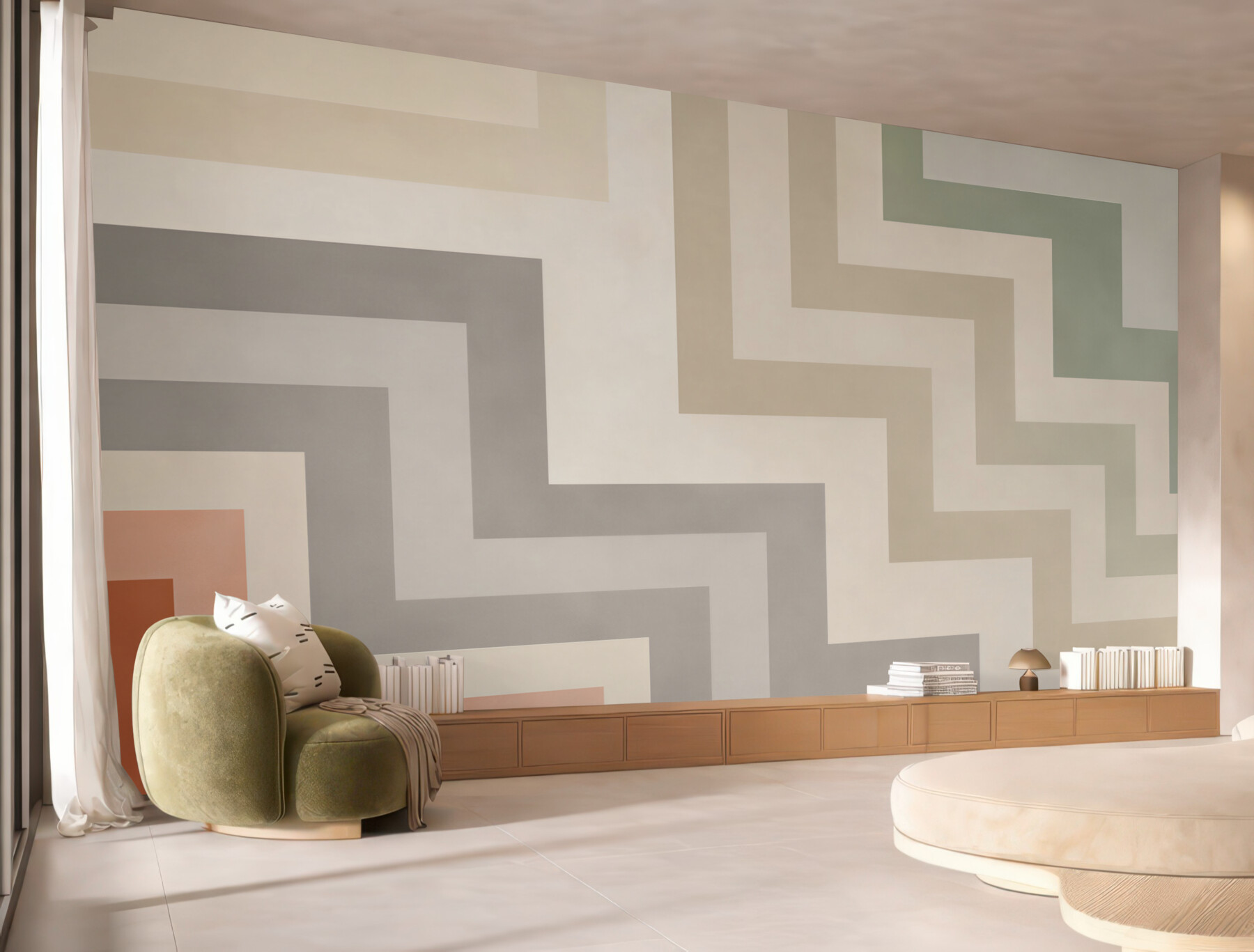 Fototapeta zygzak geometryczny pastelowy beż szarość i szałwia?v23