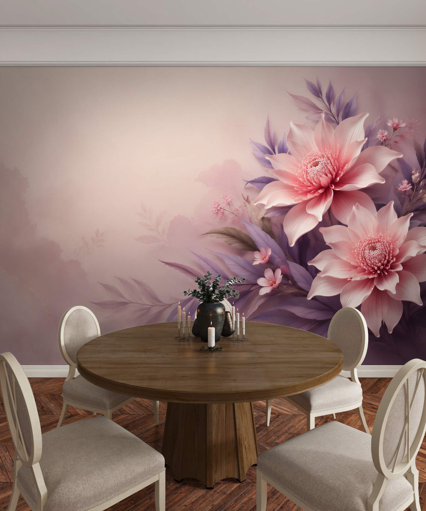 Fototapeta różowe kwiaty z fioletowymi liśćmi subtelna elegancja?v23