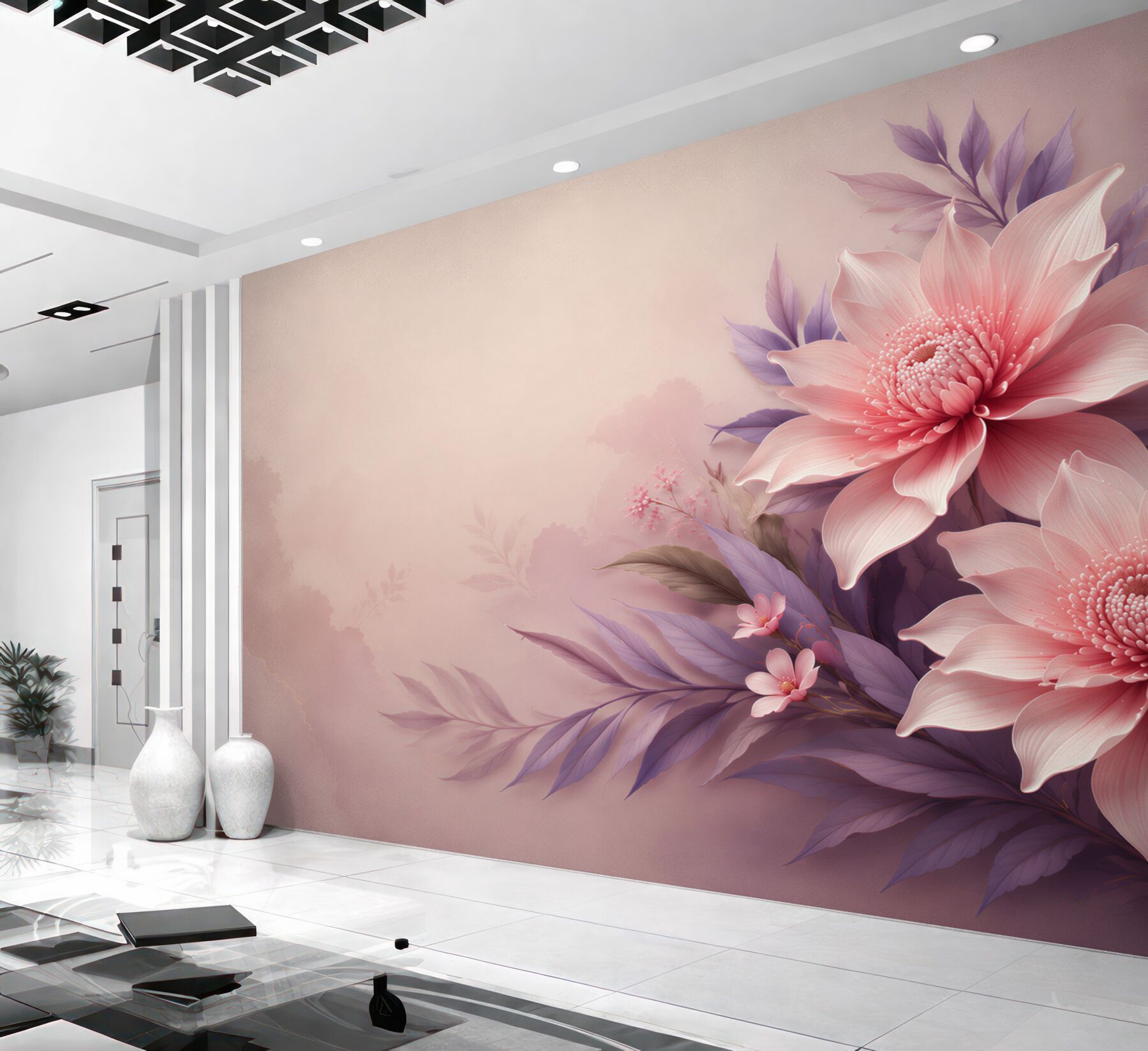 Fototapeta różowe kwiaty z fioletowymi liśćmi subtelna elegancja?v23