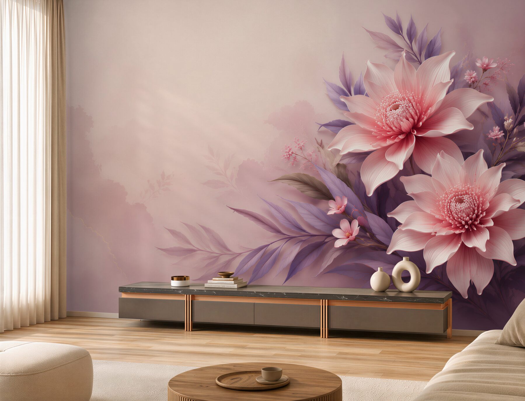 Fototapeta różowe kwiaty z fioletowymi liśćmi subtelna elegancja?v23