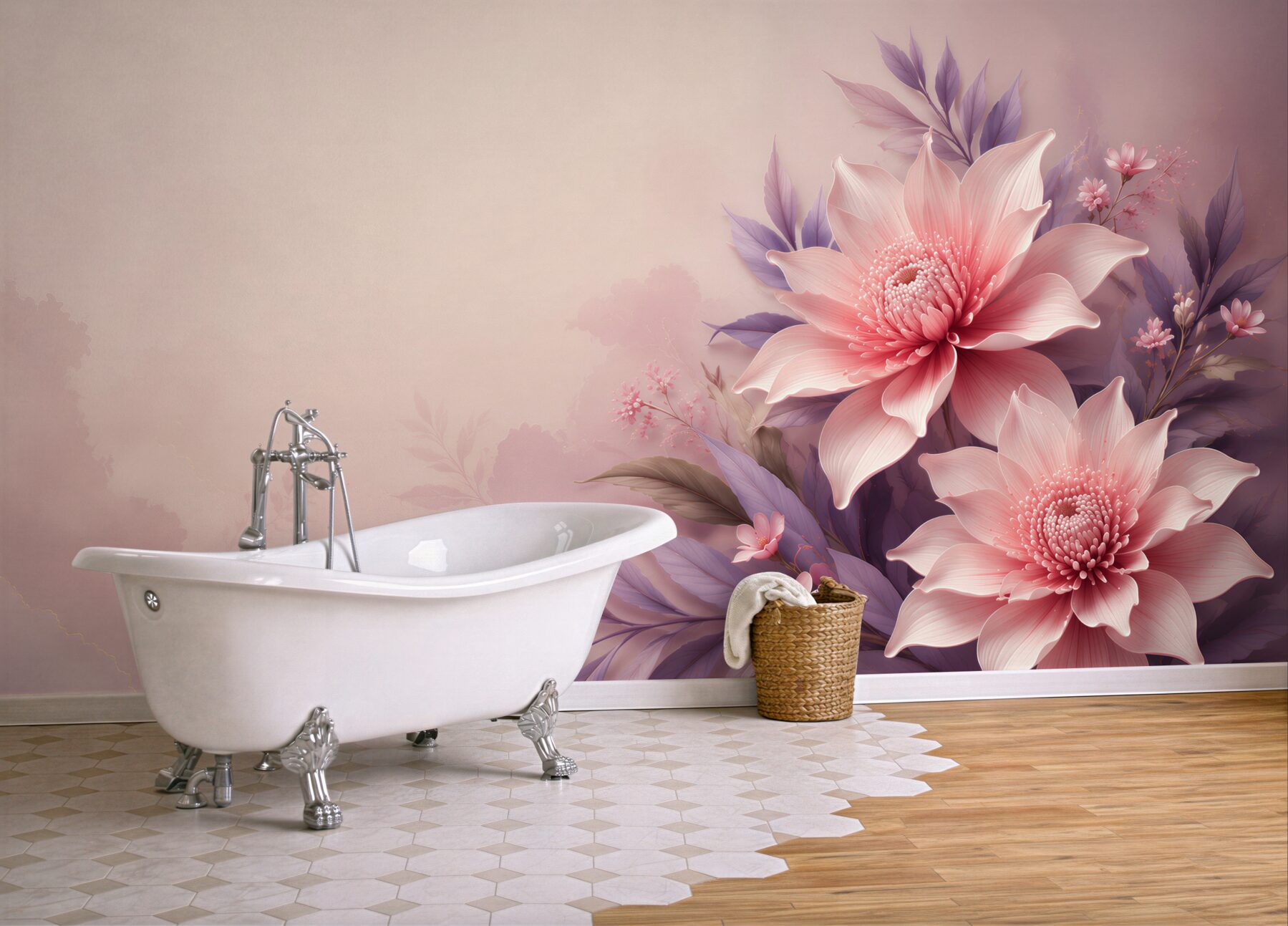 Fototapeta różowe kwiaty z fioletowymi liśćmi subtelna elegancja?v23