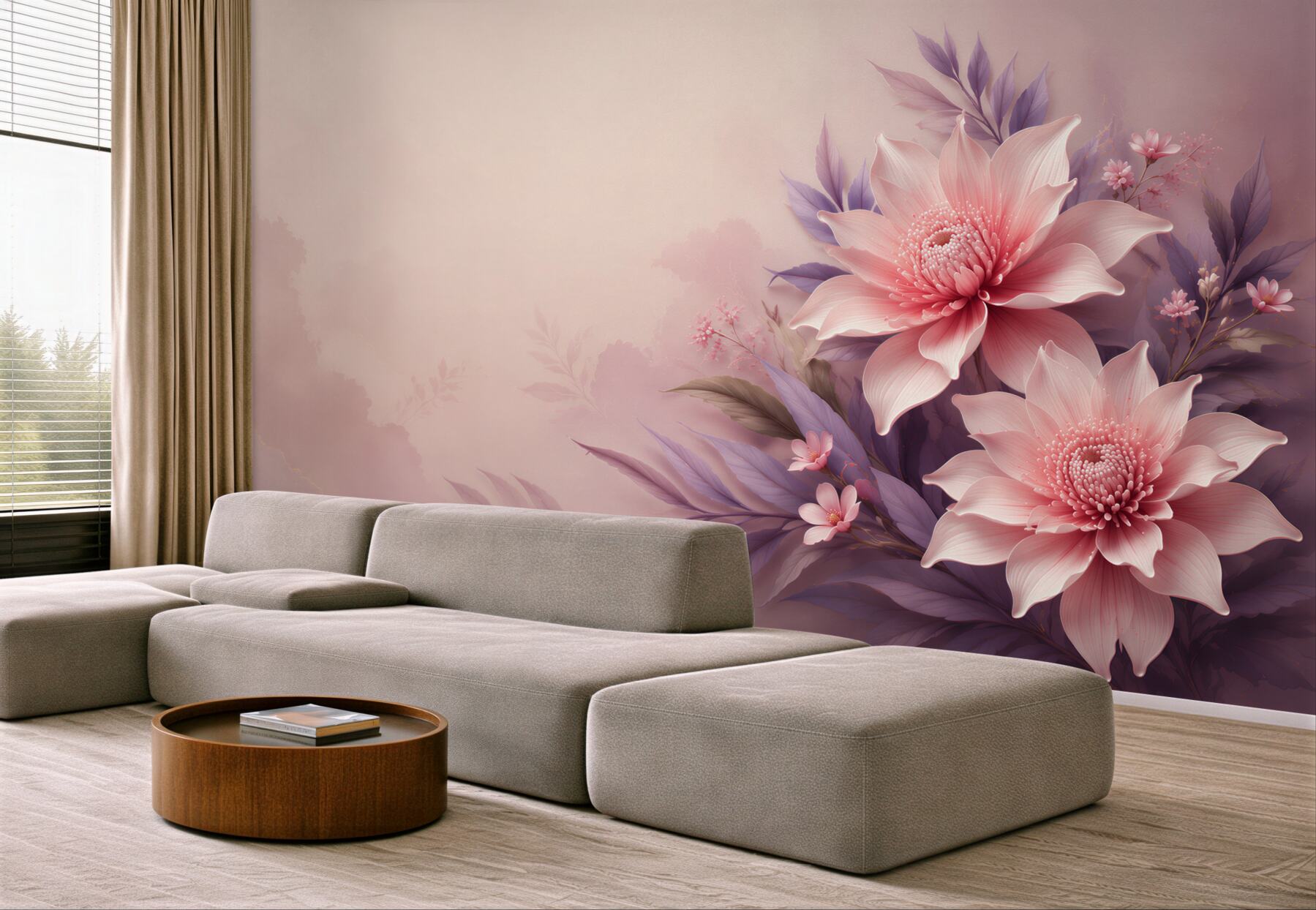Fototapeta różowe kwiaty z fioletowymi liśćmi subtelna elegancja?v23