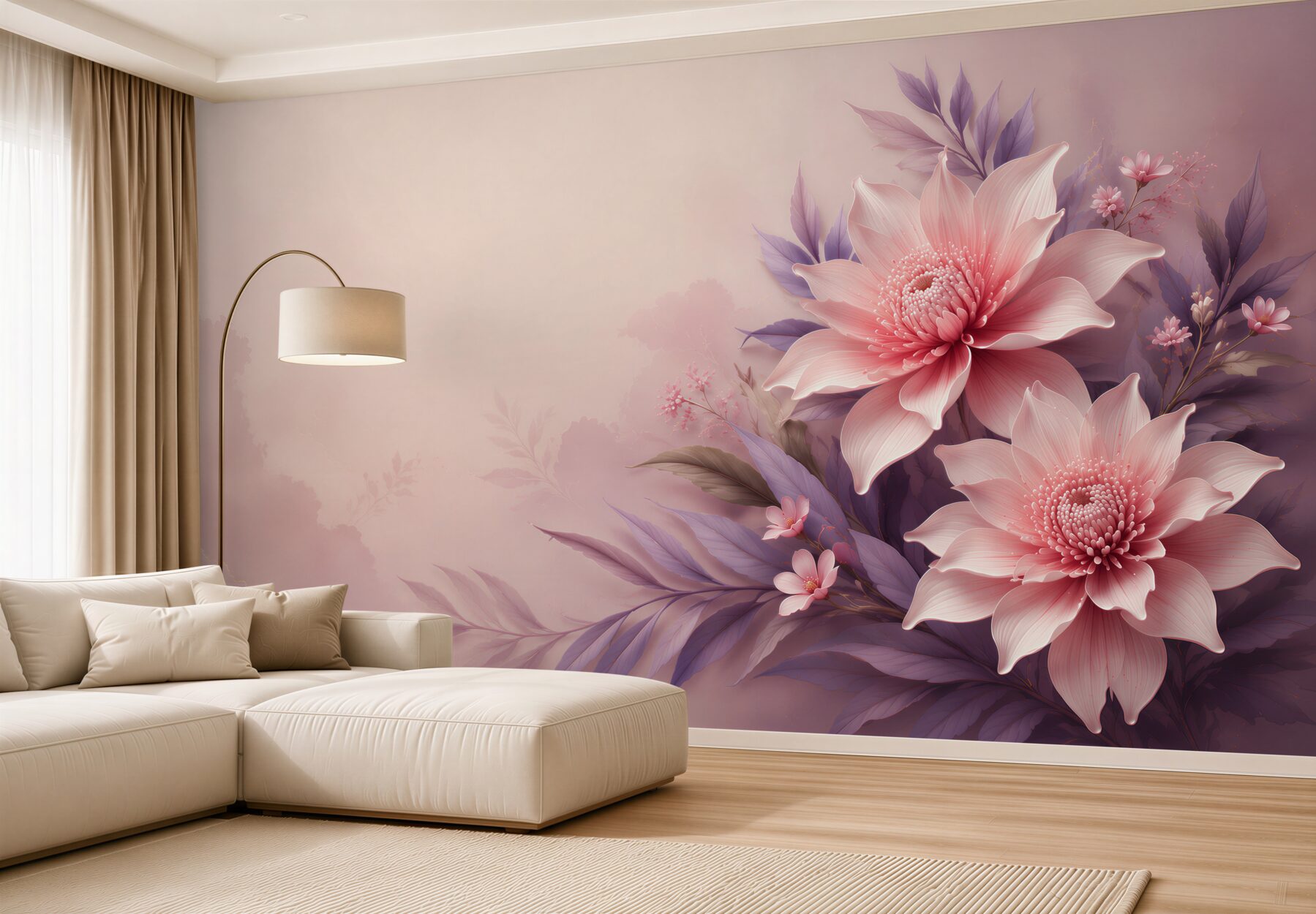 Fototapeta różowe kwiaty z fioletowymi liśćmi subtelna elegancja?v23