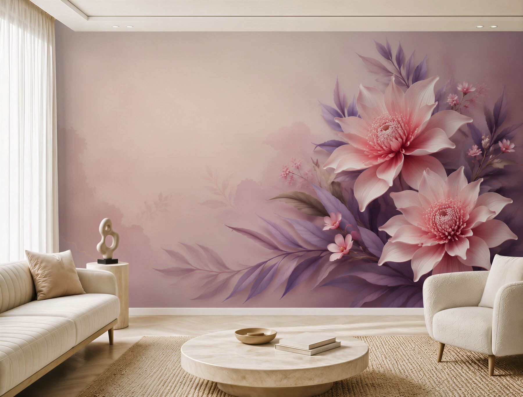 Fototapeta różowe kwiaty z fioletowymi liśćmi subtelna elegancja?v23