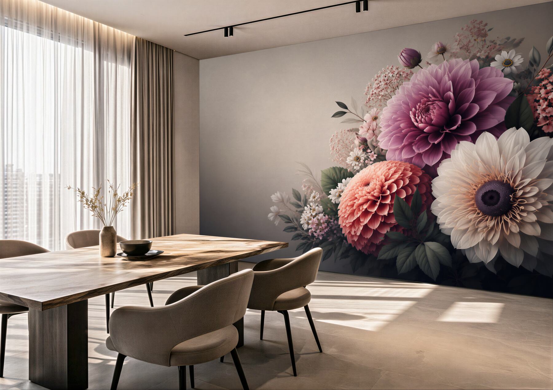 Fototapeta kwiaty dalie i stokrotki w pudrowym różu eleganckie?v23