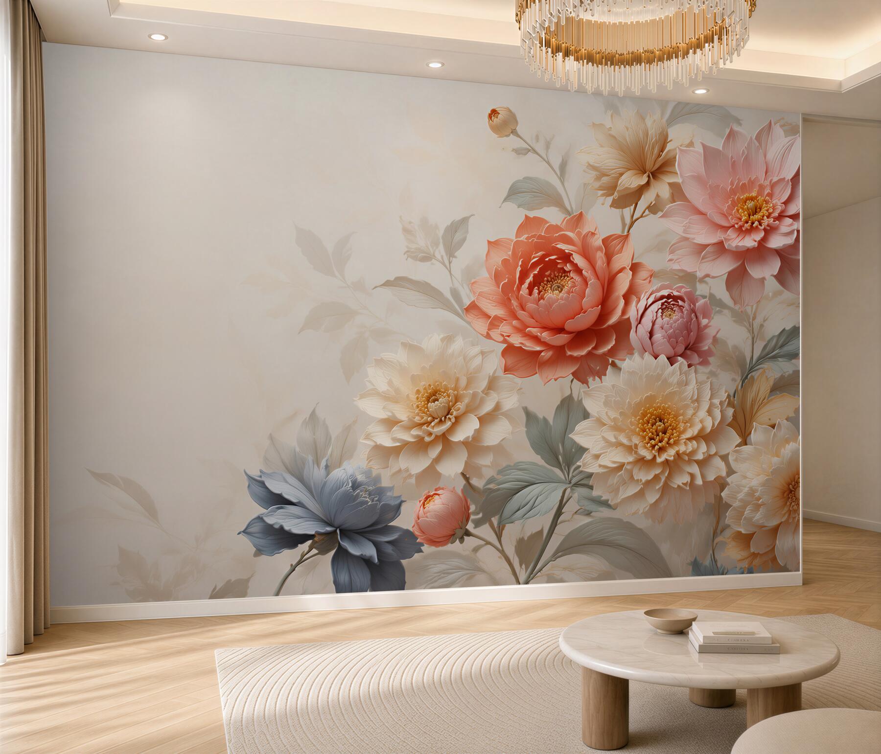 Fototapeta pastelowe dalie i piwonie w kremowym tle elegancka?v23