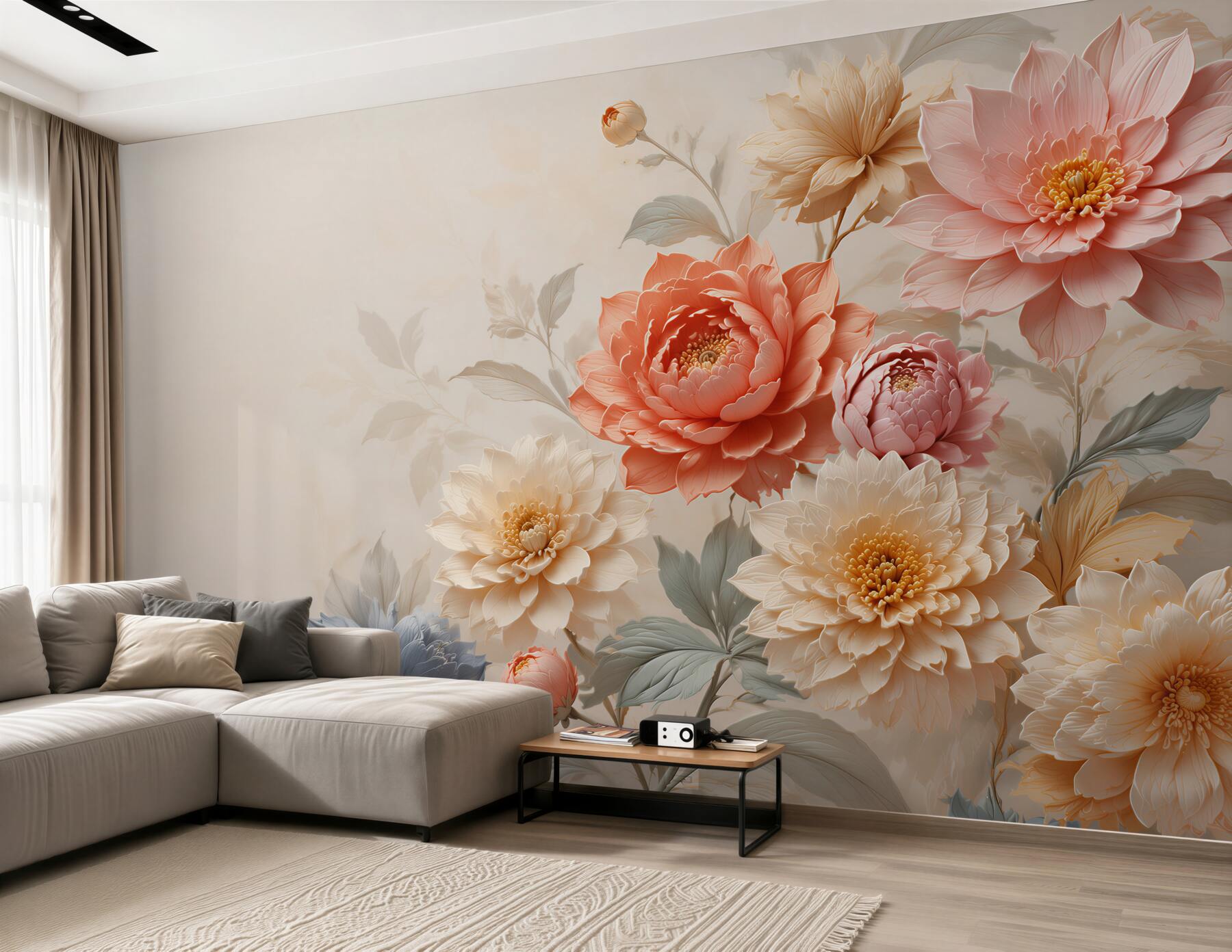 Fototapeta pastelowe dalie i piwonie w kremowym tle elegancka?v23