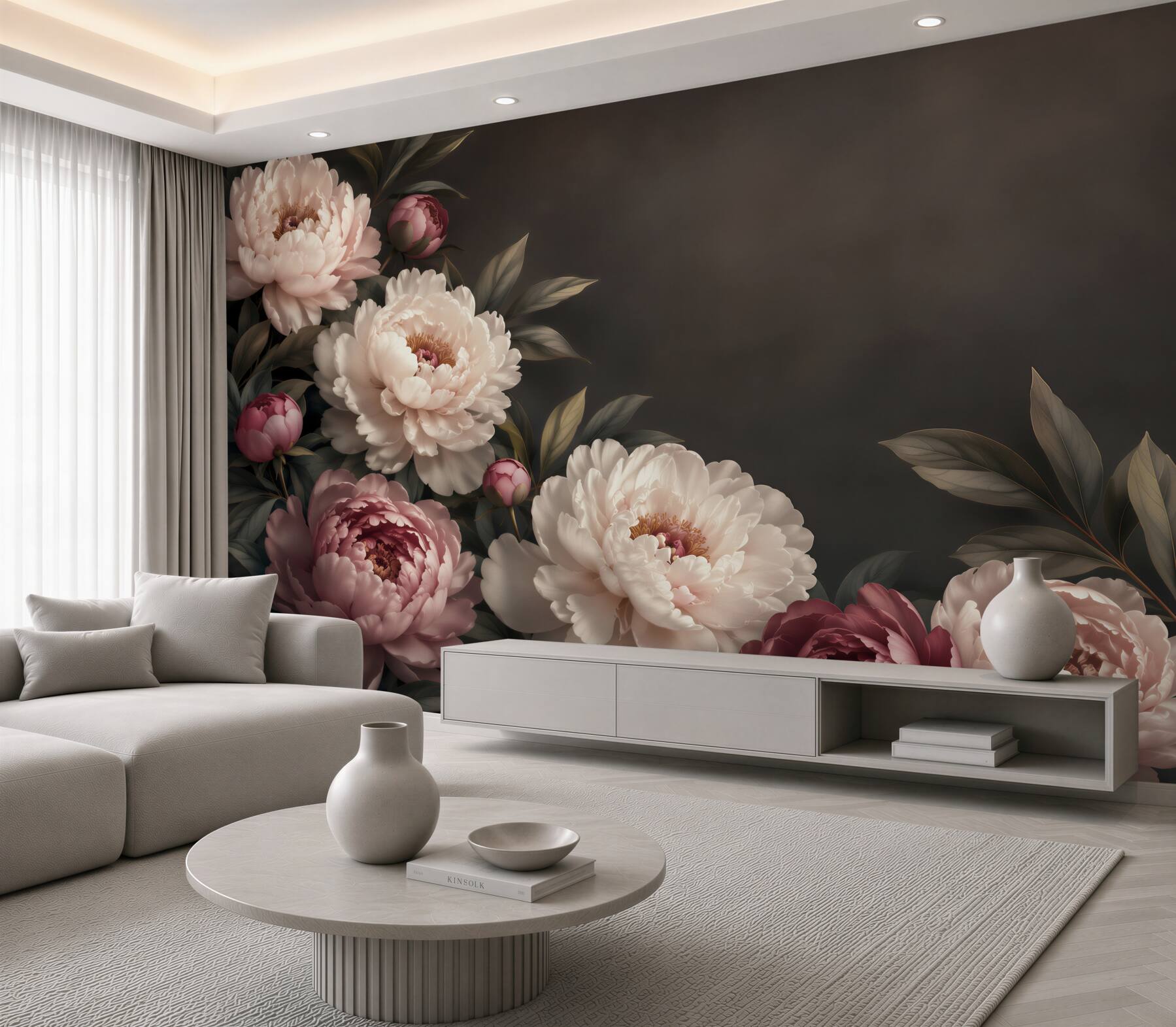 Fototapeta piwonie pudrowy róż na ciemnym tle elegancka klasyka?v23