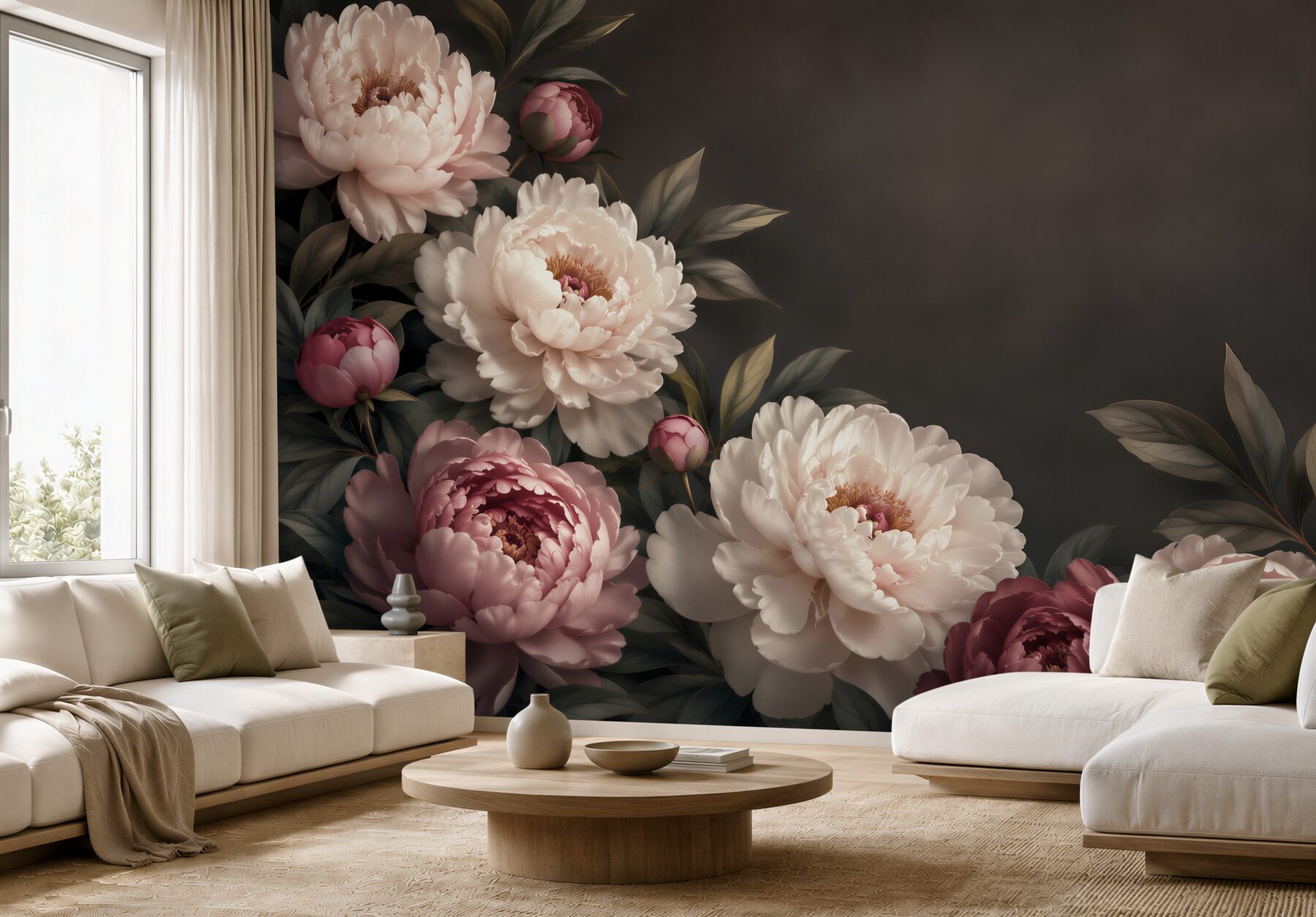Fototapeta piwonie pudrowy róż na ciemnym tle elegancka klasyka?v23