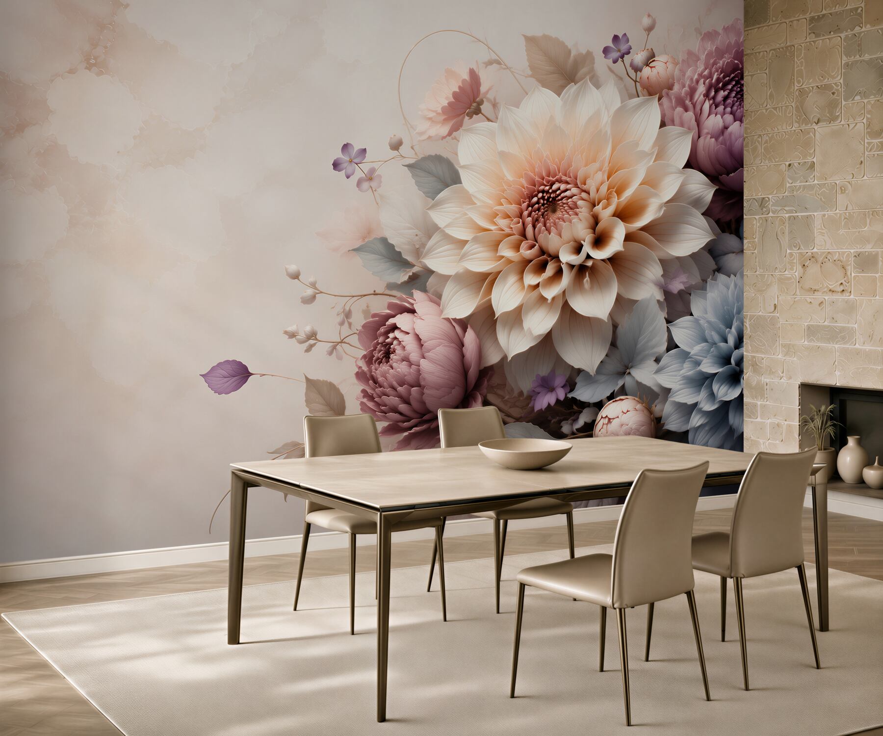 Fototapeta duże dalie pastelowe w beżach i fiolecie eleganckie?v23