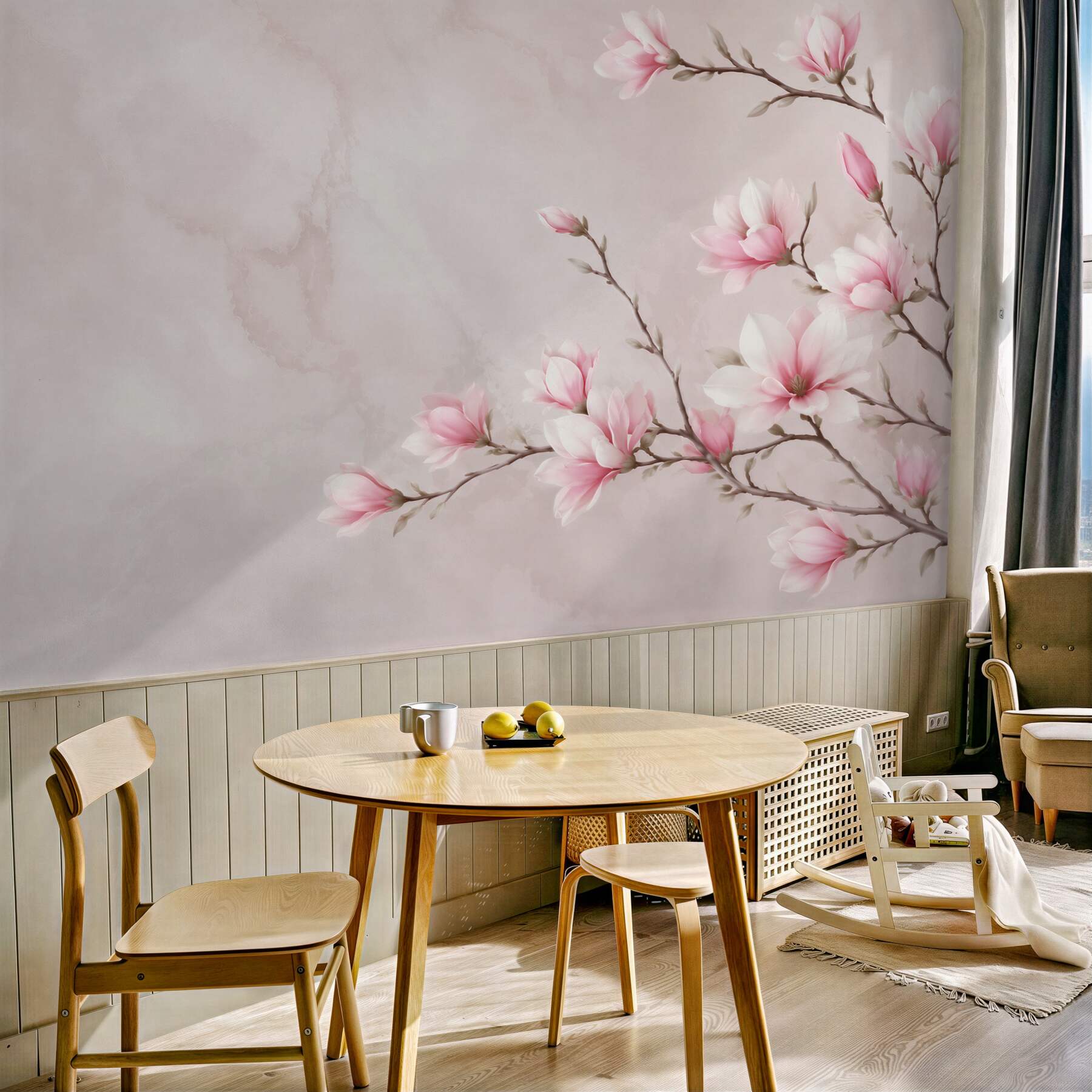 Fototapeta magnolie różowe na gałęziach na jasnym tle?v23