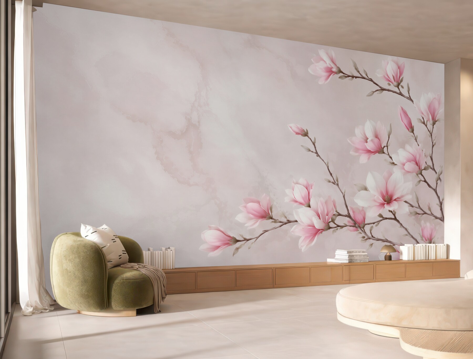 Fototapeta magnolie różowe na gałęziach na jasnym tle?v23