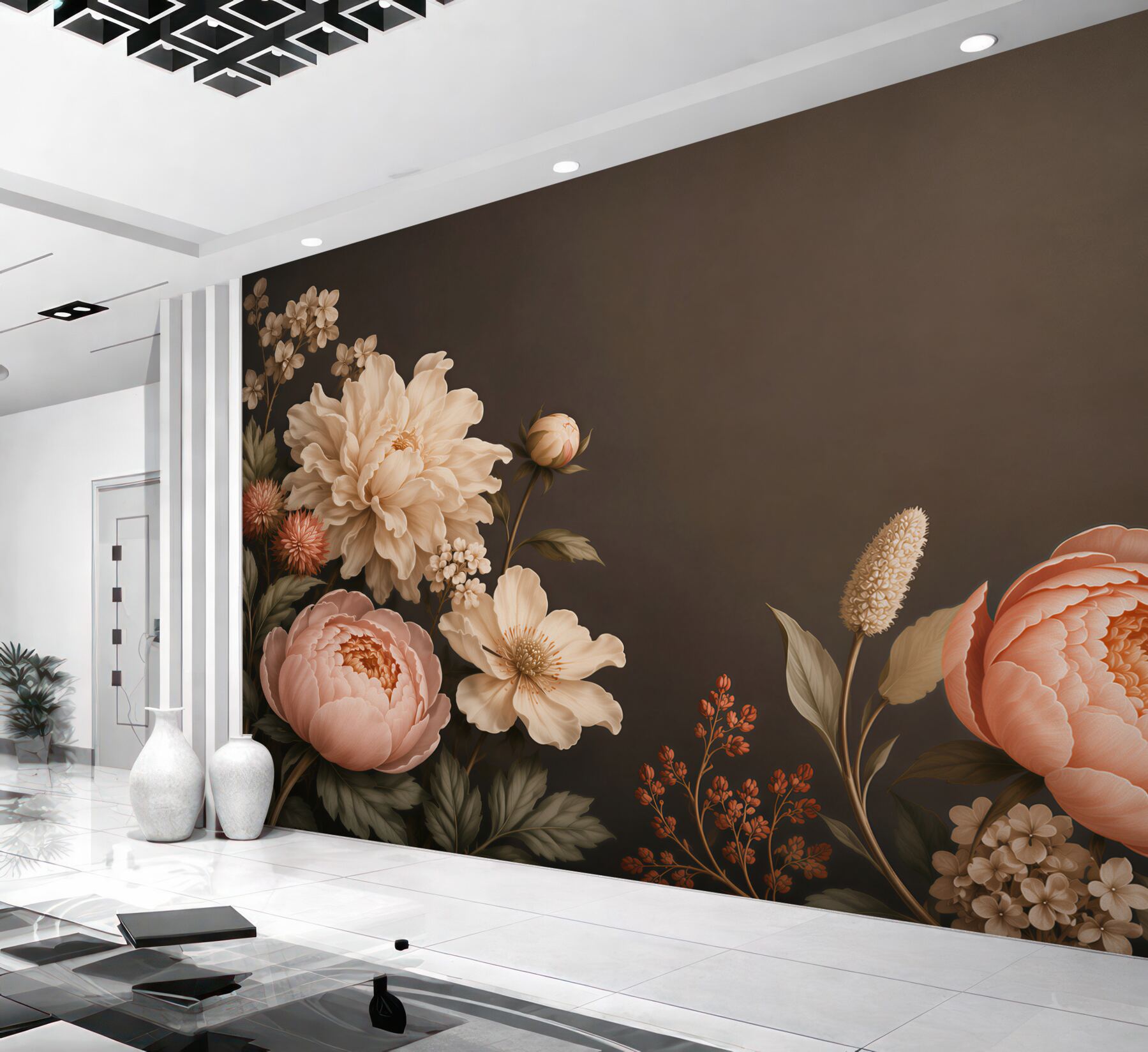 Fototapeta kwiaty piwonie beżowo brzoskwiniowe na ciemnym tle eleganckie?v23