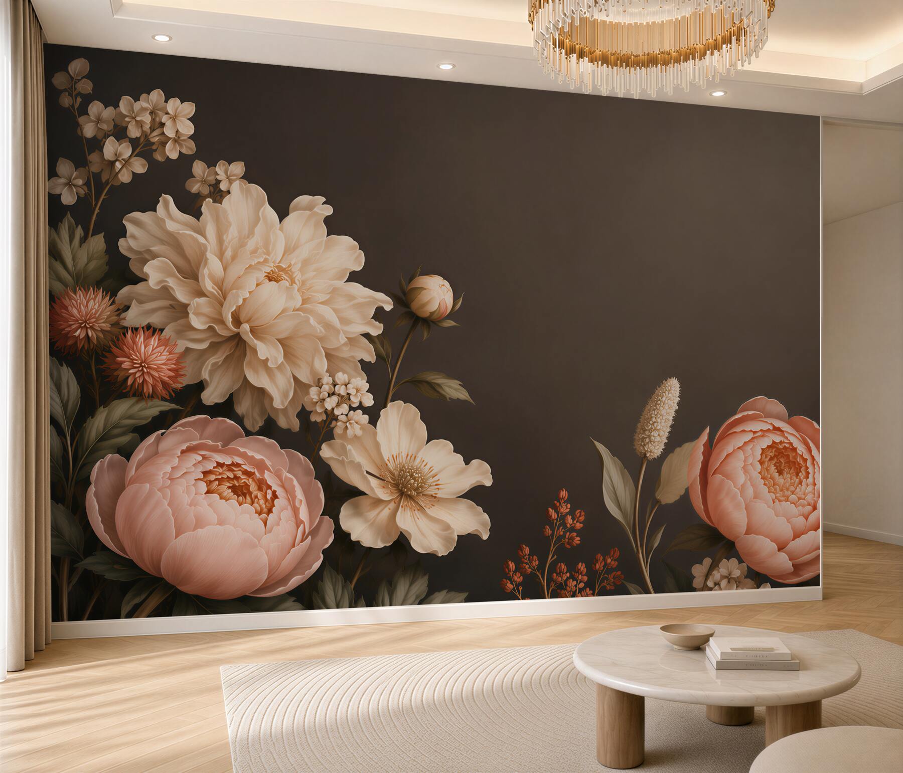 Fototapeta kwiaty piwonie beżowo brzoskwiniowe na ciemnym tle eleganckie?v23