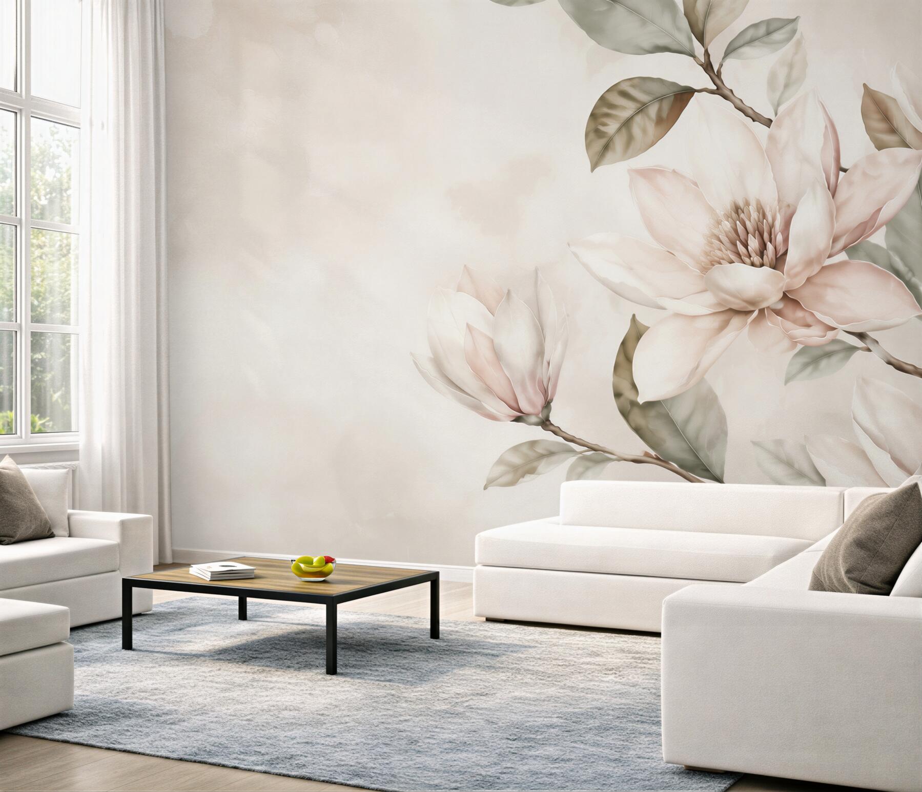 Fototapeta magnolie kremowe na gałęziach do eleganckiego salonu