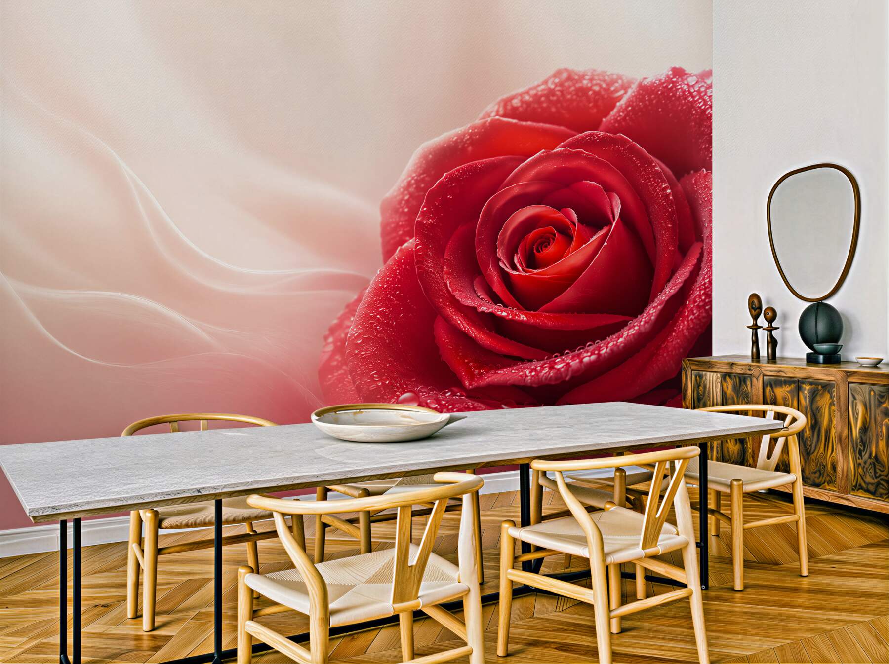 Fototapeta czerwona róża w kroplach rosy na jasnym tle?v23