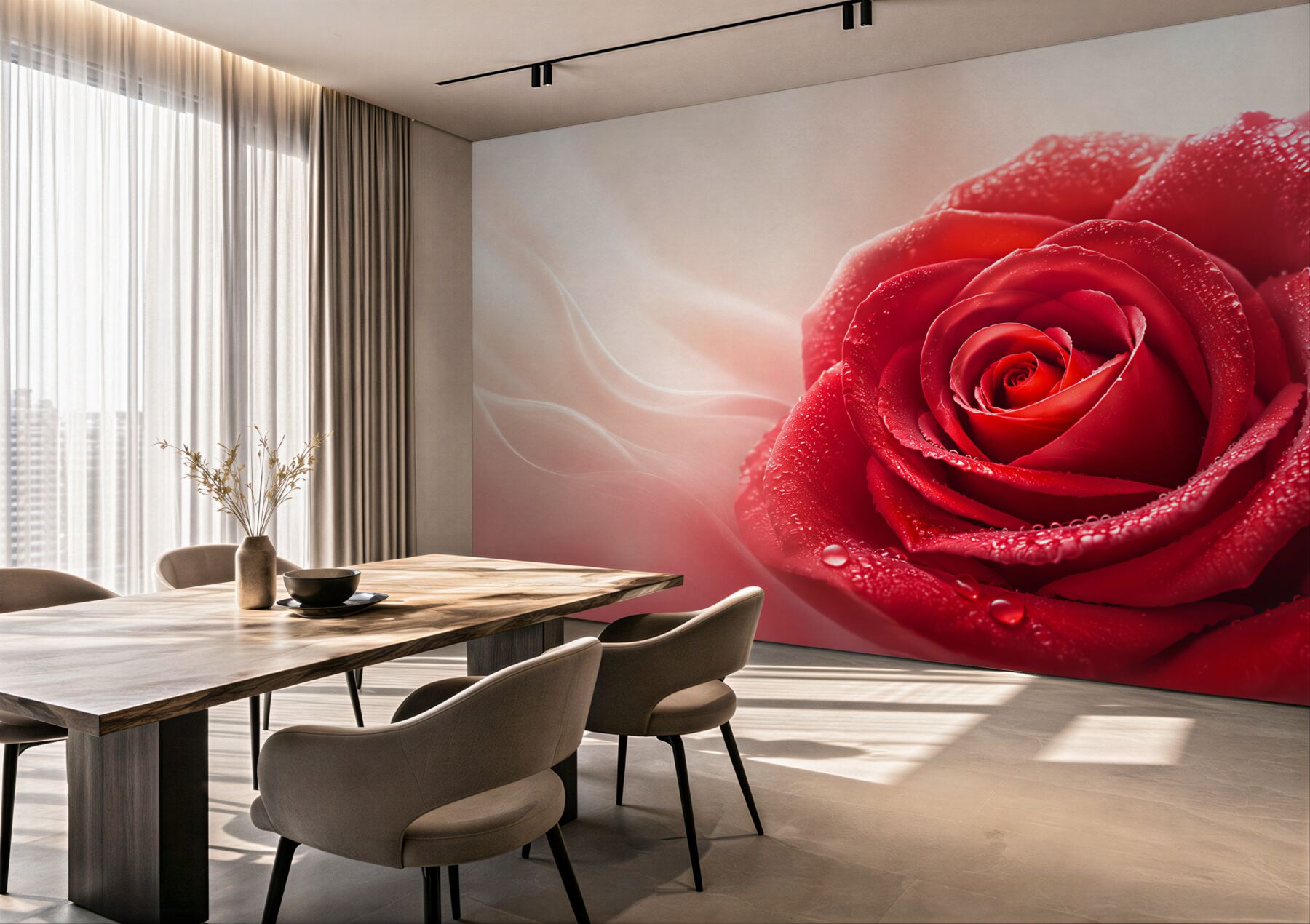 Fototapeta czerwona róża w kroplach rosy na jasnym tle?v23